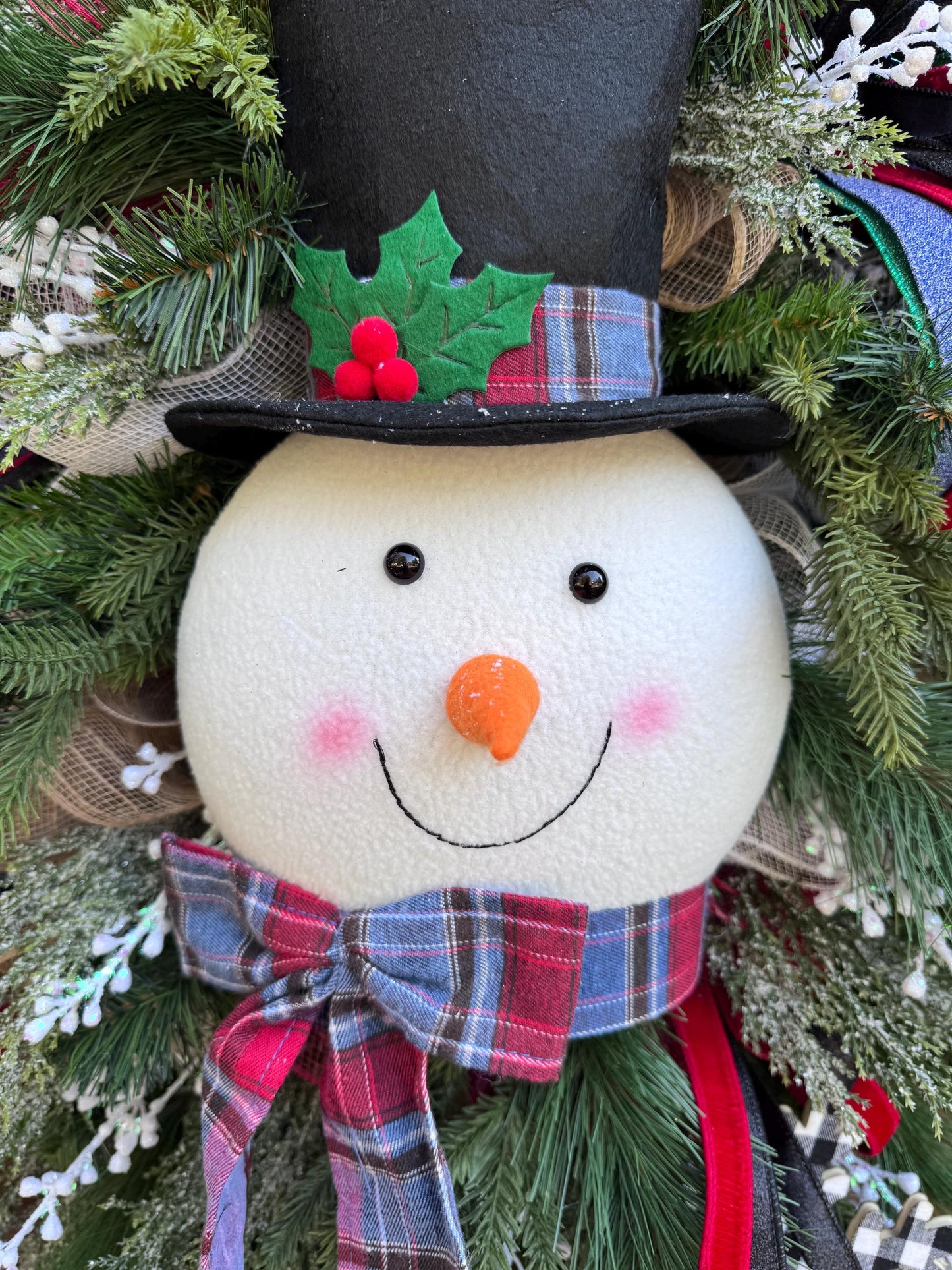 Snowman Christmas Wreath for Front Door, Winter Holiday Wreath with Top Hat, Farmhouse Christmas Decor, Snowman Wreath, Holiday Door Decor