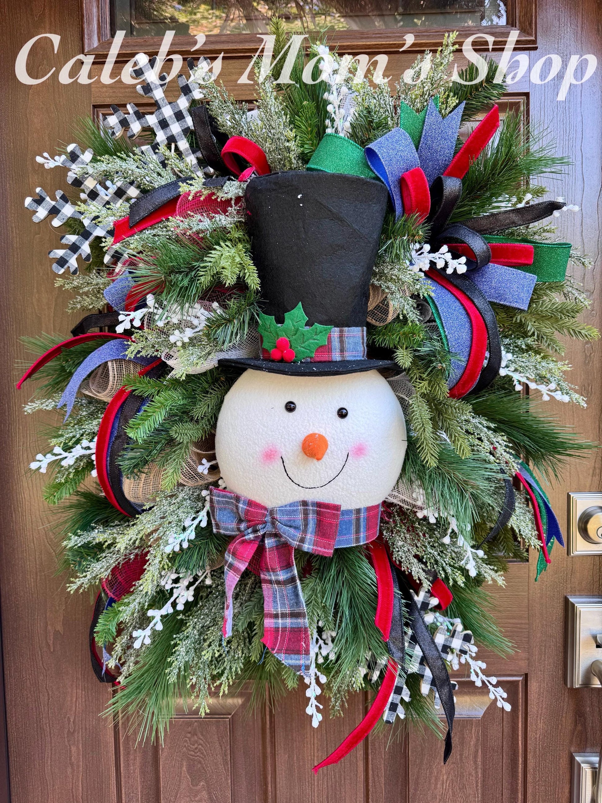 Snowman Christmas Wreath for Front Door, Winter Holiday Wreath with Top Hat, Farmhouse Christmas Decor, Snowman Wreath, Holiday Door Decor