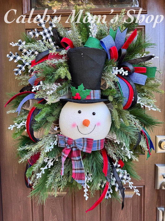 Snowman Christmas Wreath for Front Door, Winter Holiday Wreath with Top Hat, Farmhouse Christmas Decor, Snowman Wreath, Holiday Door Decor