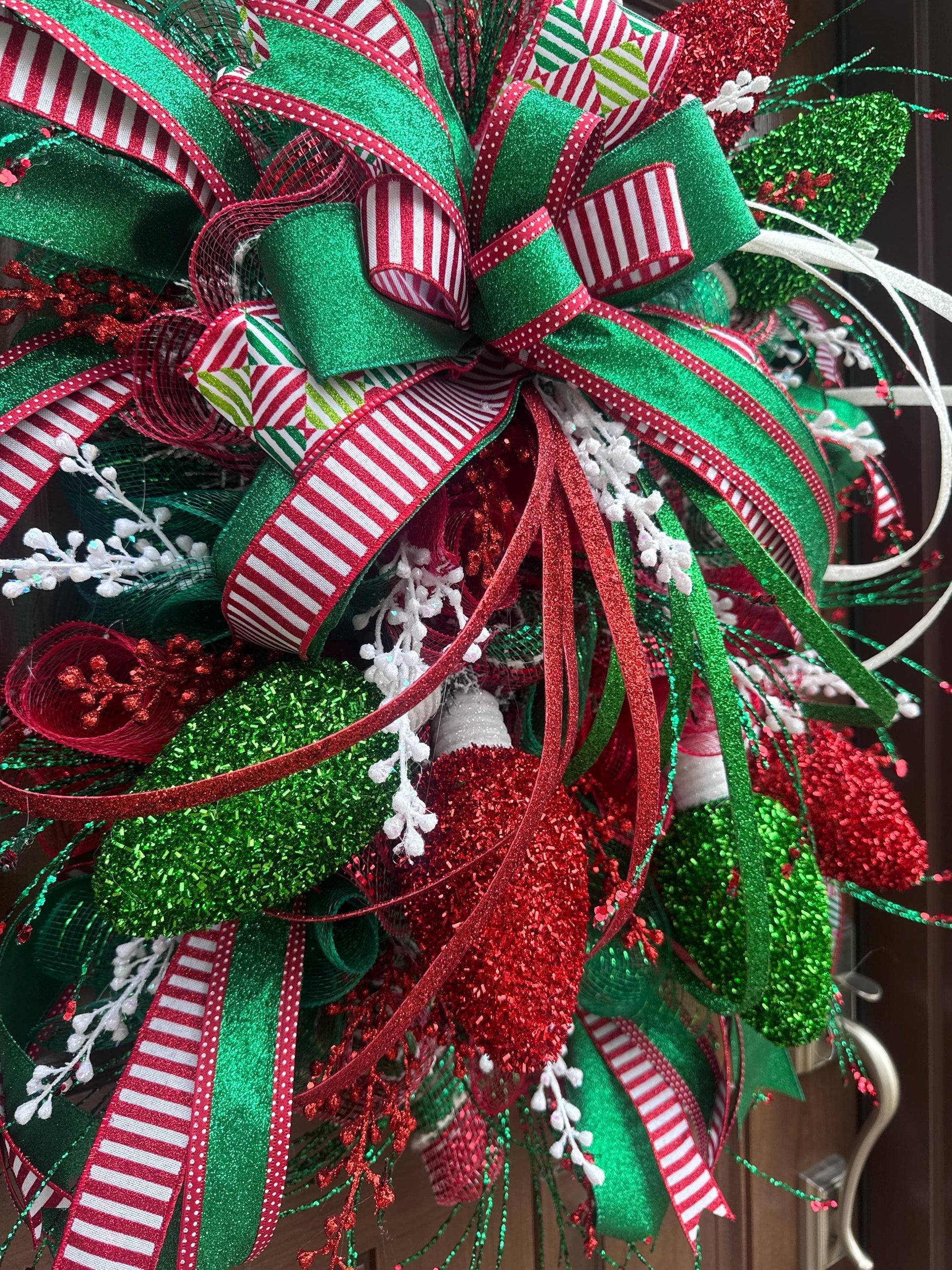 Whimsical Christmas Wreath with Glittered Lights and Ribbons – Red and Green Holiday Door Decor
