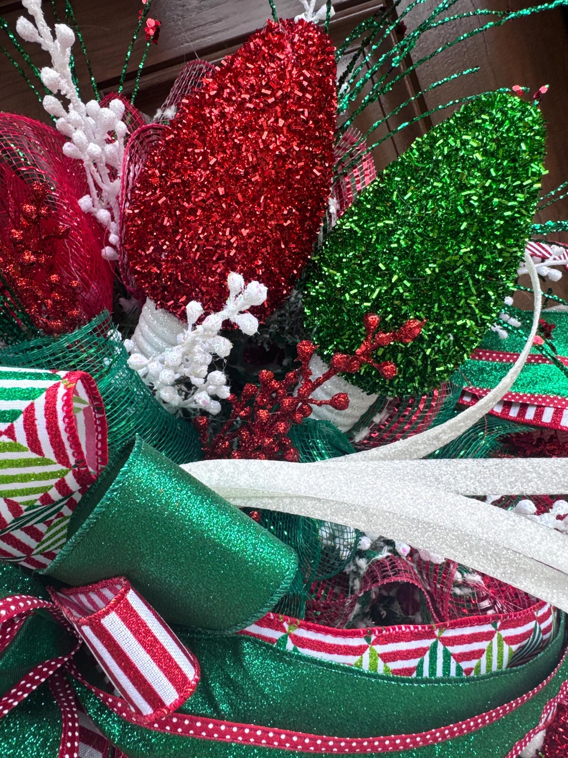 Whimsical Christmas Wreath with Glittered Lights and Ribbons – Red and Green Holiday Door Decor