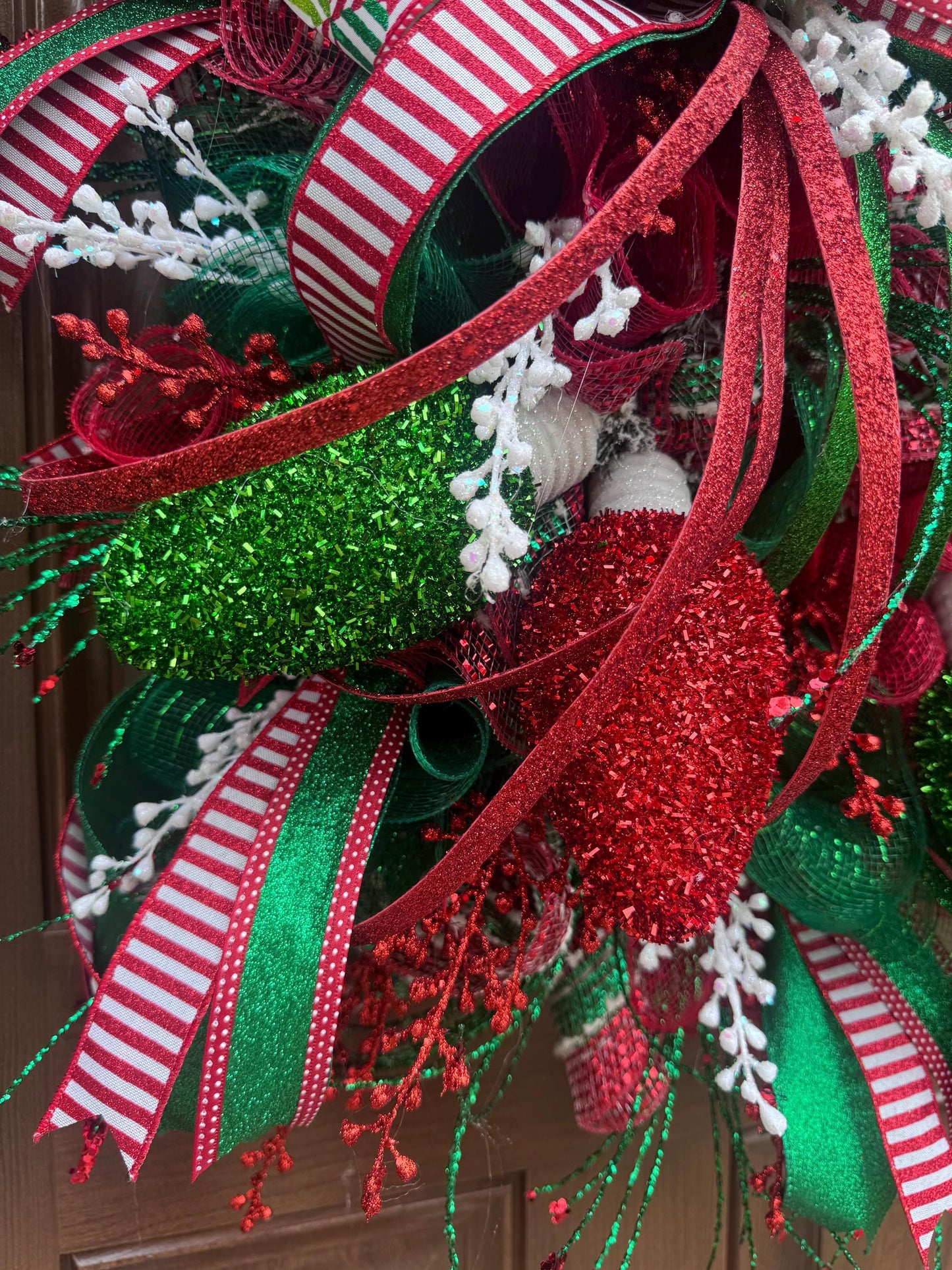 Whimsical Christmas Wreath with Glittered Lights and Ribbons – Red and Green Holiday Door Decor