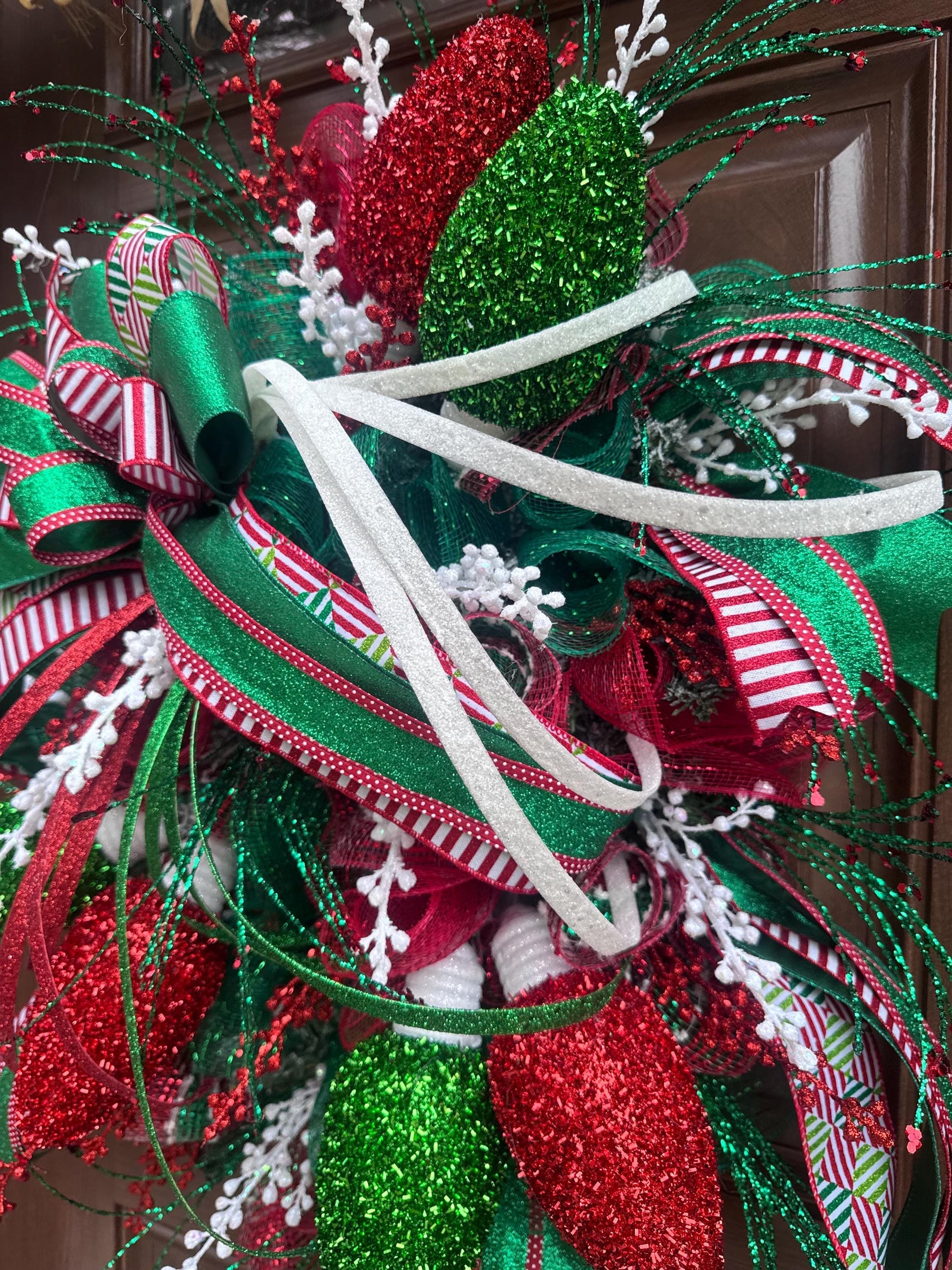 Whimsical Christmas Wreath with Glittered Lights and Ribbons – Red and Green Holiday Door Decor