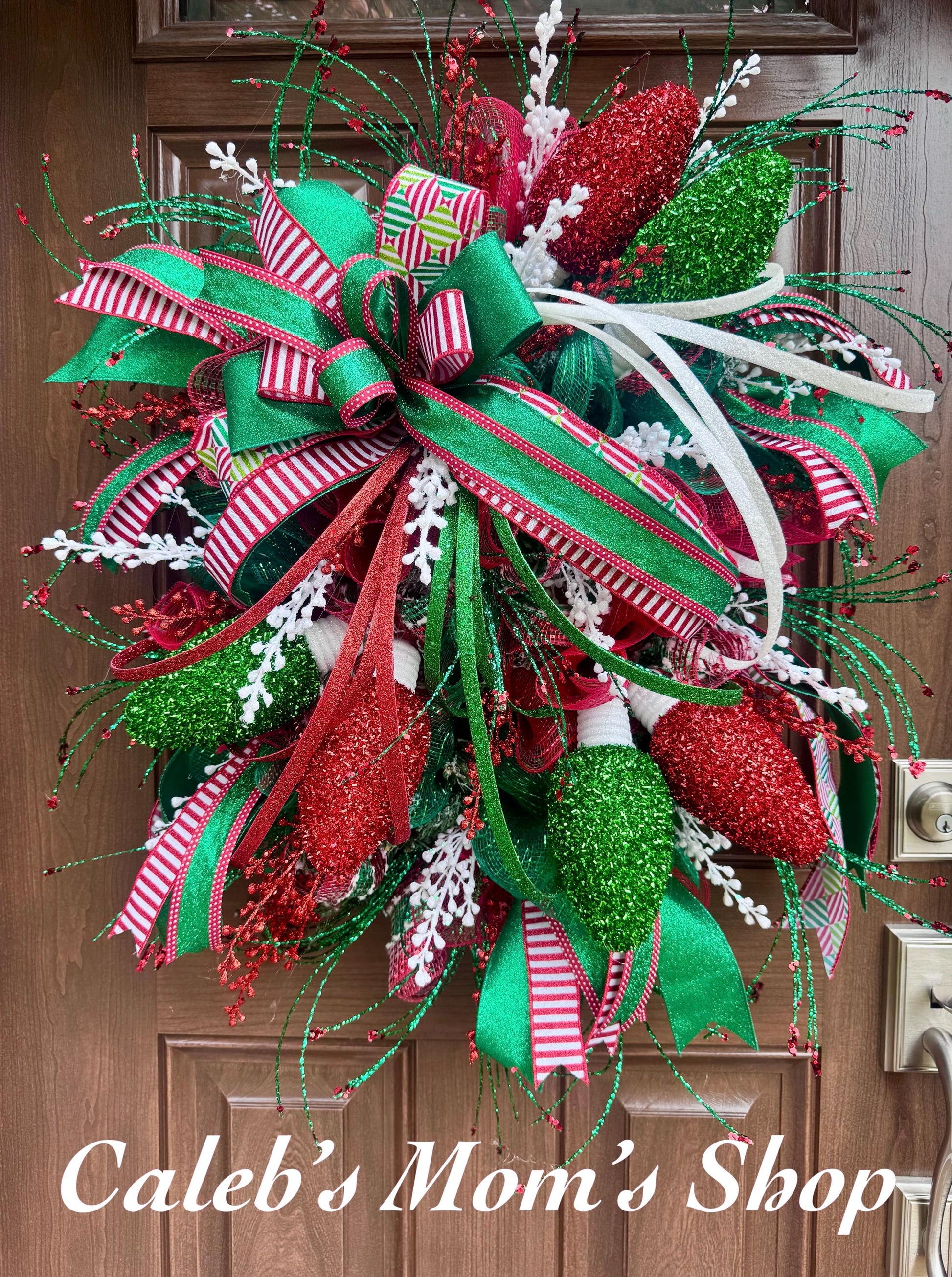 Whimsical Christmas Wreath with Glittered Lights and Ribbons – Red and Green Holiday Door Decor