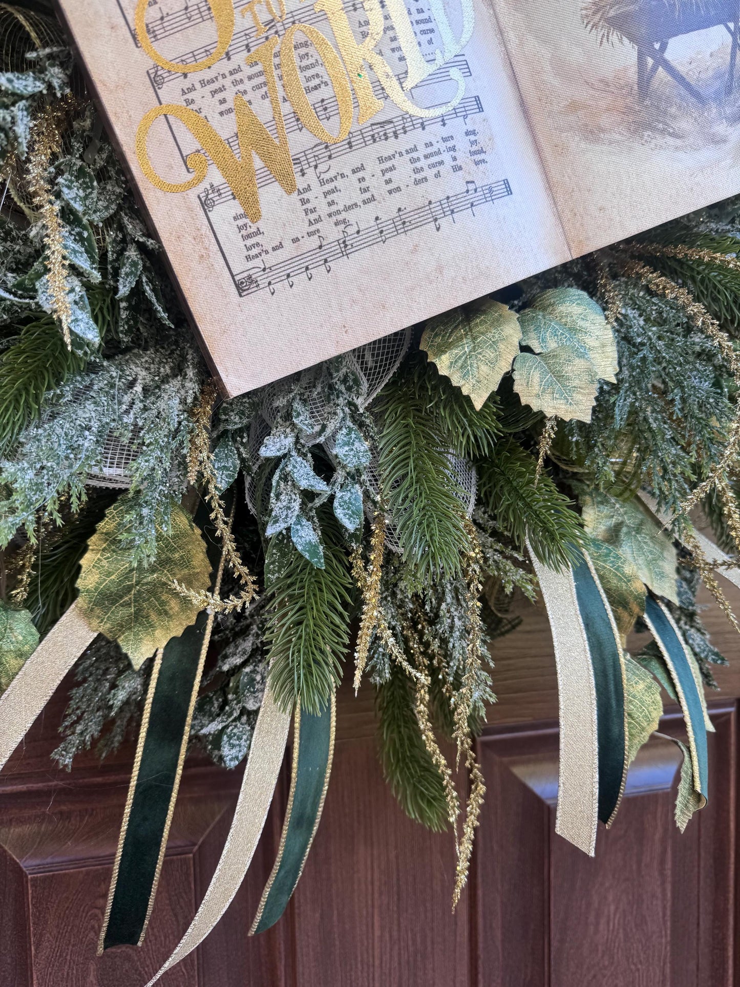Joy to the World Christmas Wreath | Elegant Nativity Wreath for Front Door | Religious Holiday Wreath with Bible Hymn & Gold Accents