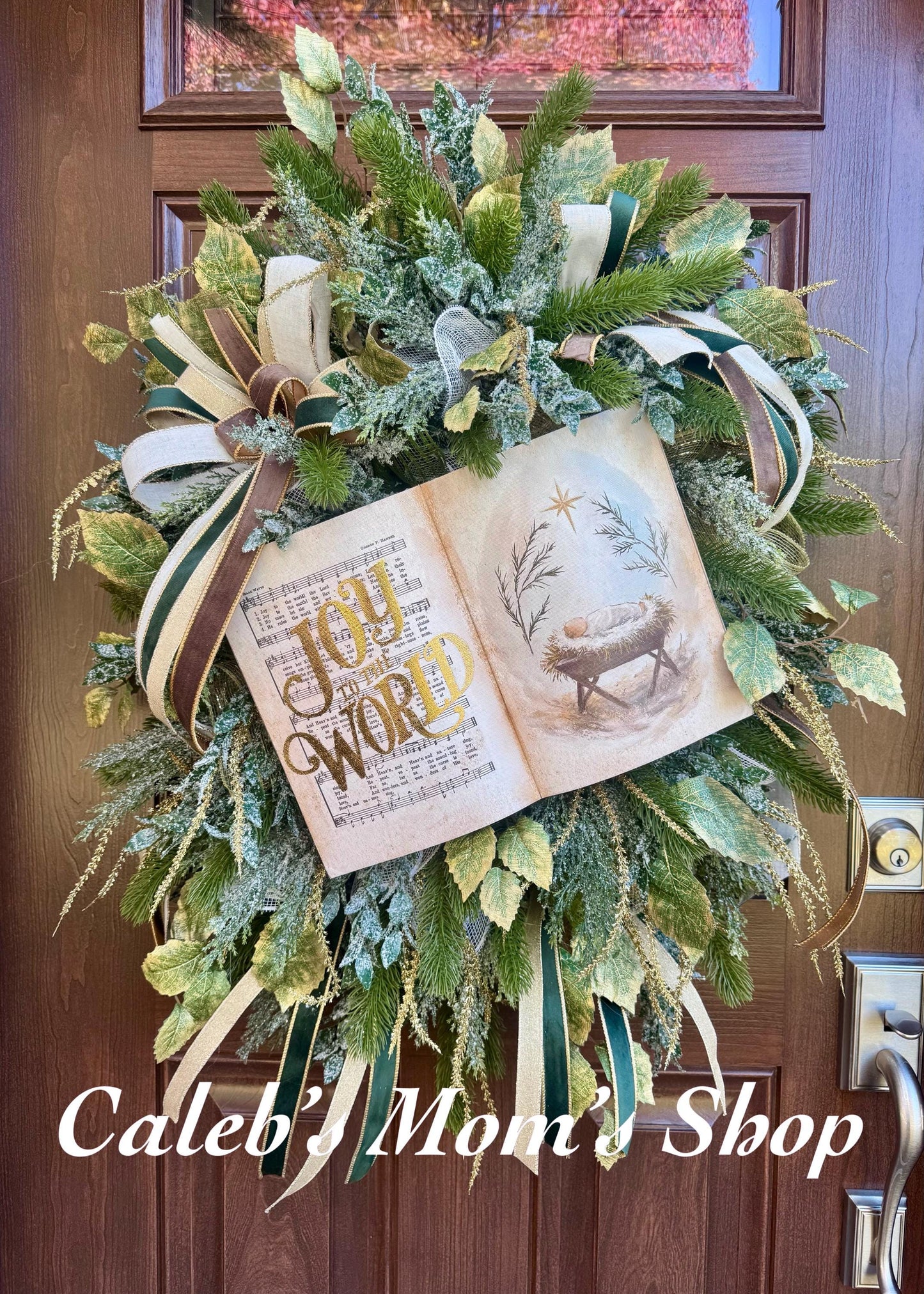 Joy to the World Christmas Wreath | Elegant Nativity Wreath for Front Door | Religious Holiday Wreath with Bible Hymn & Gold Accents