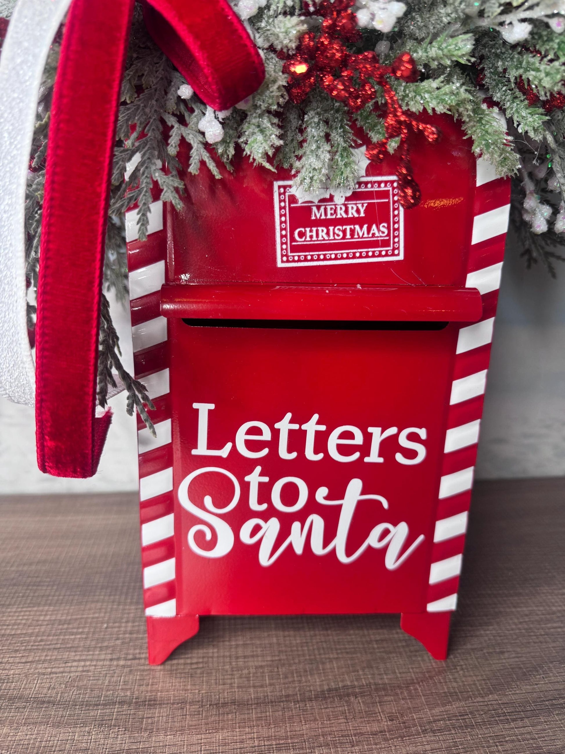 Letters to Santa Holiday Table Arrangement, Christmas Centerpiece or Mantle Decor, Traditional Christmas Greenery Office Decor