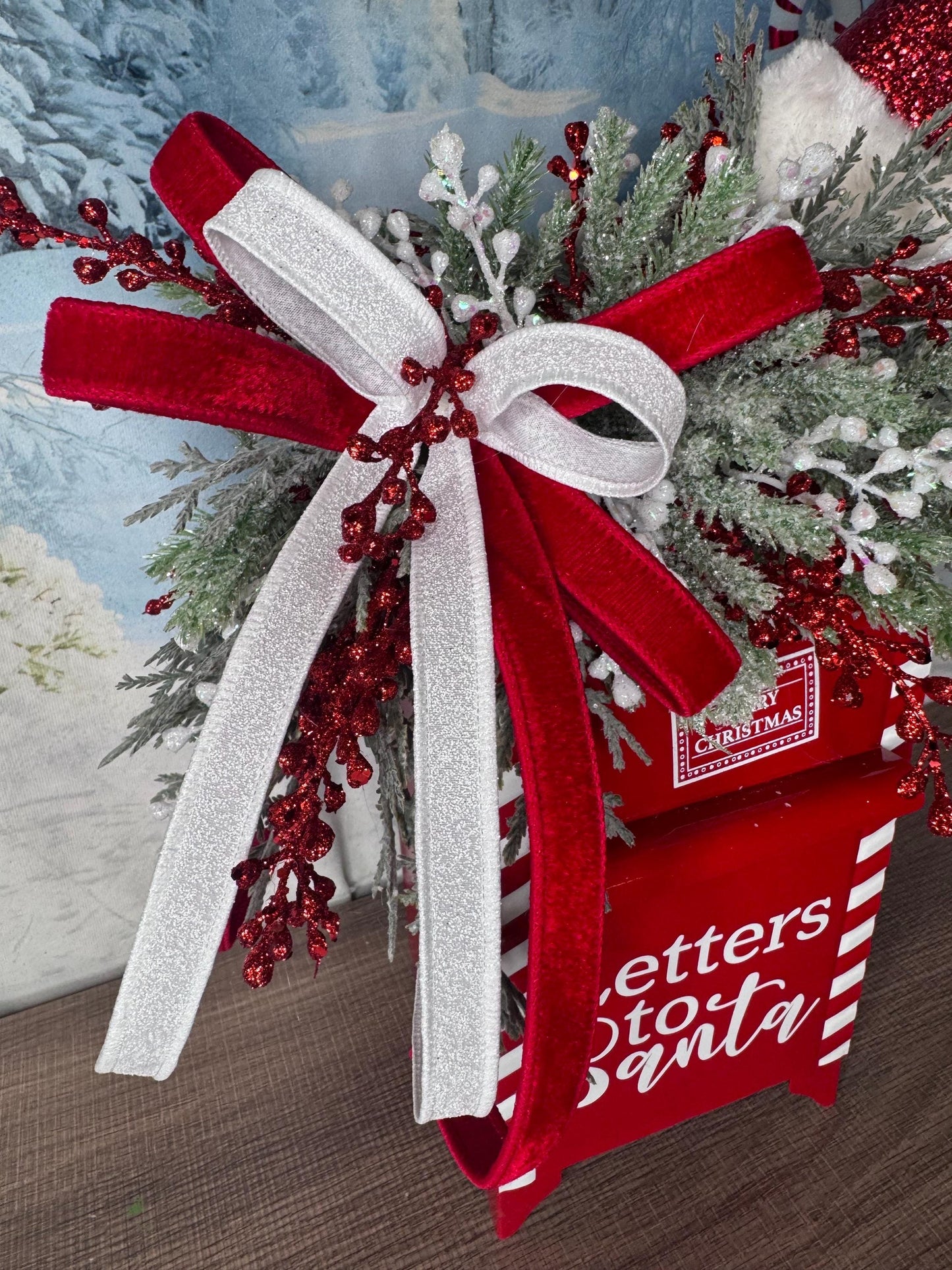 Letters to Santa Holiday Table Arrangement, Christmas Centerpiece or Mantle Decor, Traditional Christmas Greenery Office Decor