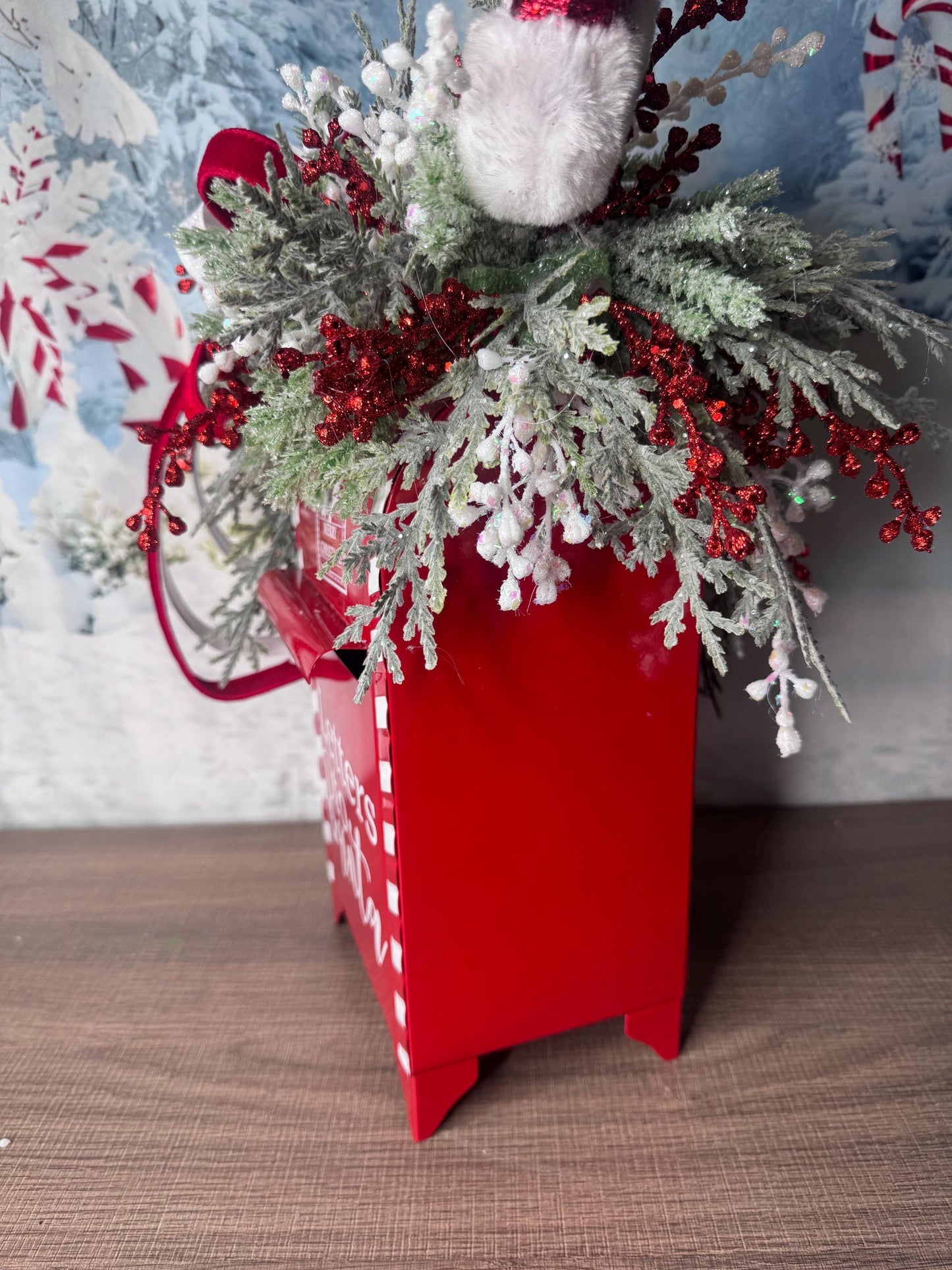 Letters to Santa Holiday Table Arrangement, Christmas Centerpiece or Mantle Decor, Traditional Christmas Greenery Office Decor