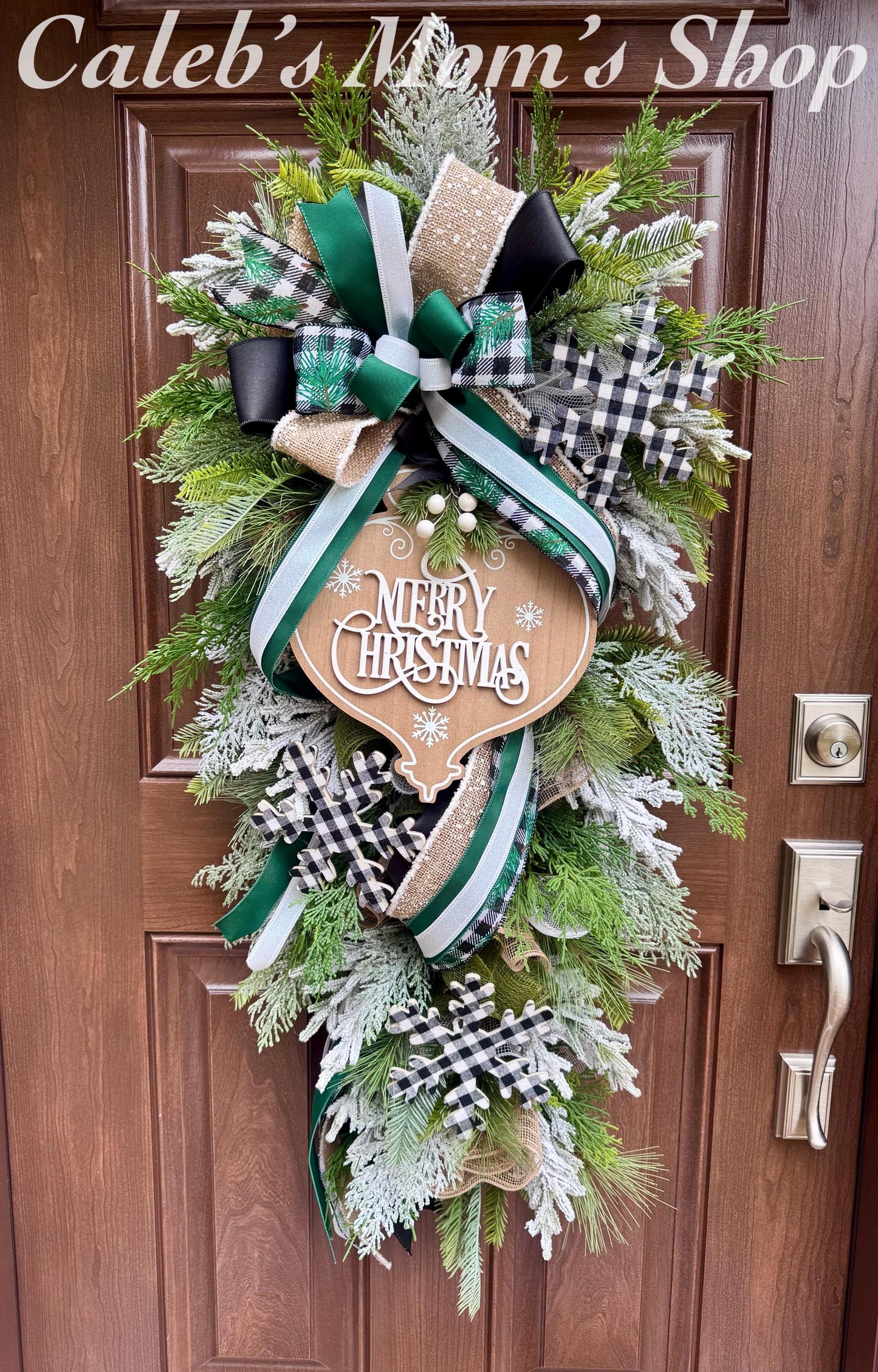 Woodland Merry Christmas Teardrop Swag Wreath Rustic Outdoor Porch Seasonal Holiday Decor for House or Gift Handmade Home Decor for Doors