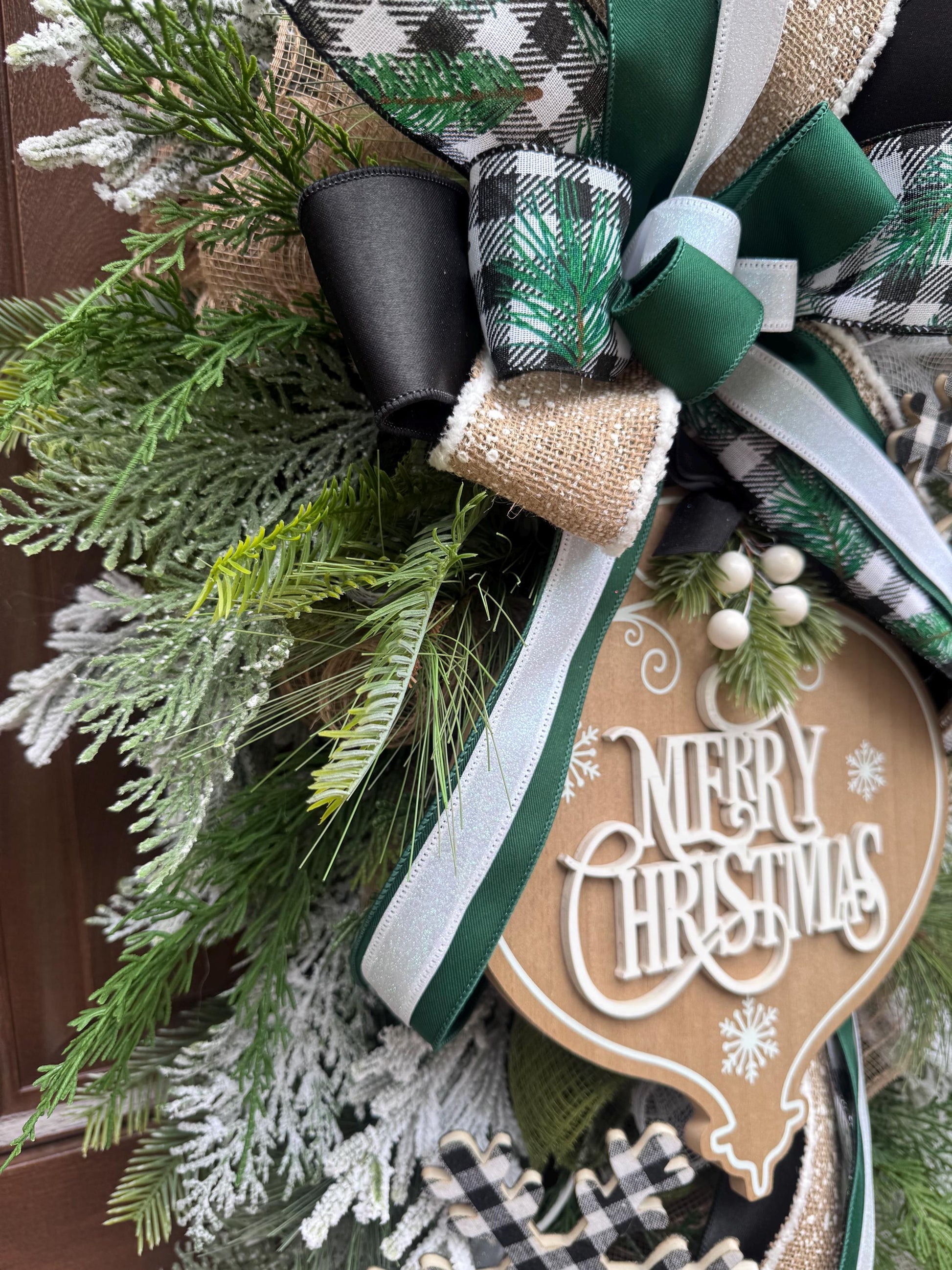 Woodland Merry Christmas Teardrop Swag Wreath Rustic Outdoor Porch Seasonal Holiday Decor for House or Gift Handmade Home Decor for Doors