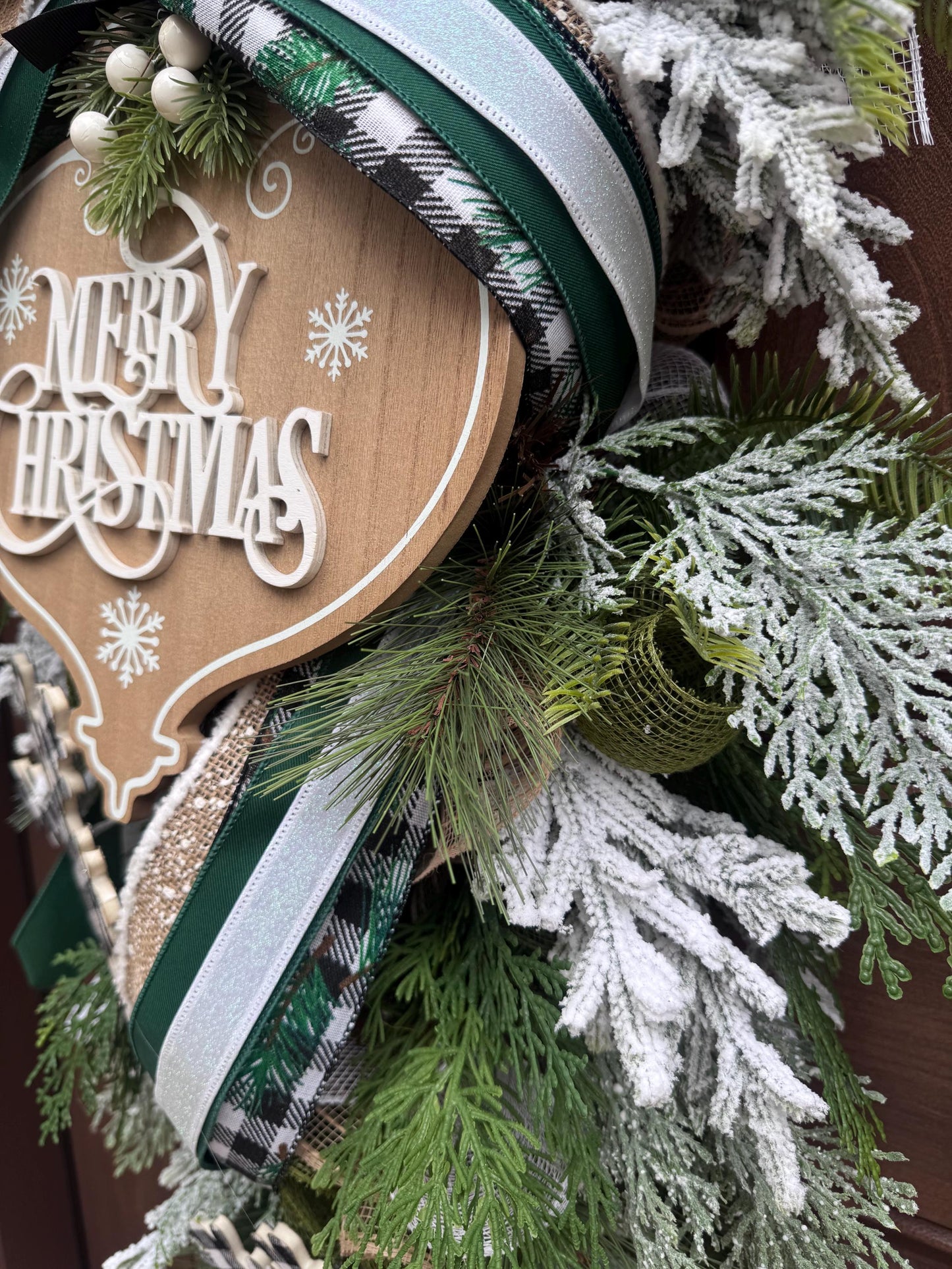 Woodland Merry Christmas Teardrop Swag Wreath Rustic Outdoor Porch Seasonal Holiday Decor for House or Gift Handmade Home Decor for Doors