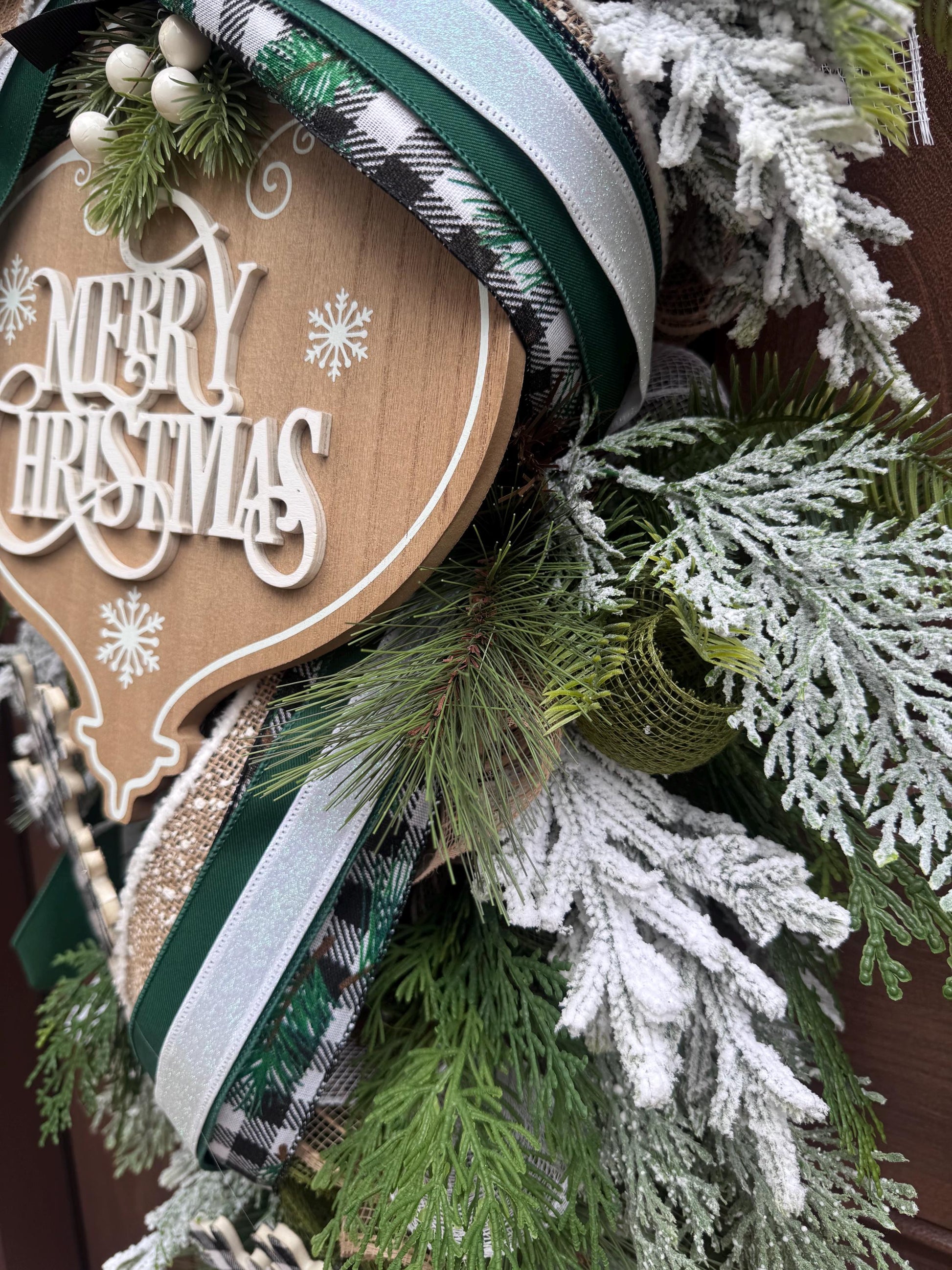 Woodland Merry Christmas Teardrop Swag Wreath Rustic Outdoor Porch Seasonal Holiday Decor for House or Gift Handmade Home Decor for Doors