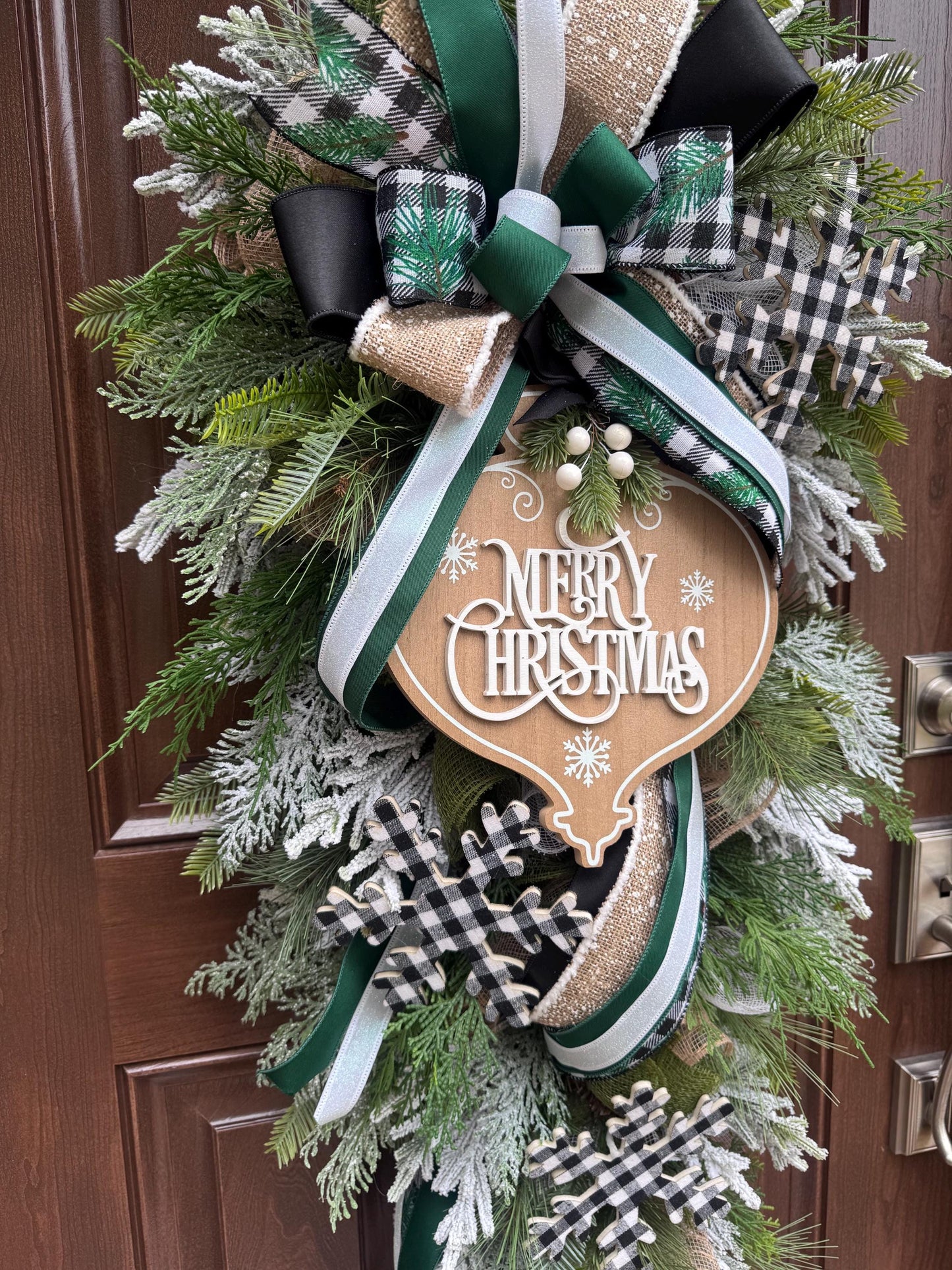 Woodland Merry Christmas Teardrop Swag Wreath Rustic Outdoor Porch Seasonal Holiday Decor for House or Gift Handmade Home Decor for Doors