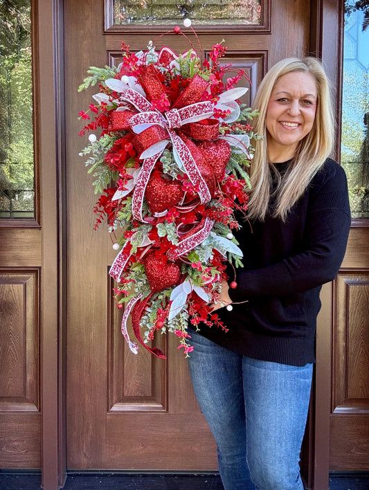 Elegant Valentines Day Swag Wreath for Door, Glam Red Heart Wreath Home Decor, Red and White Valentine Wall Hanger