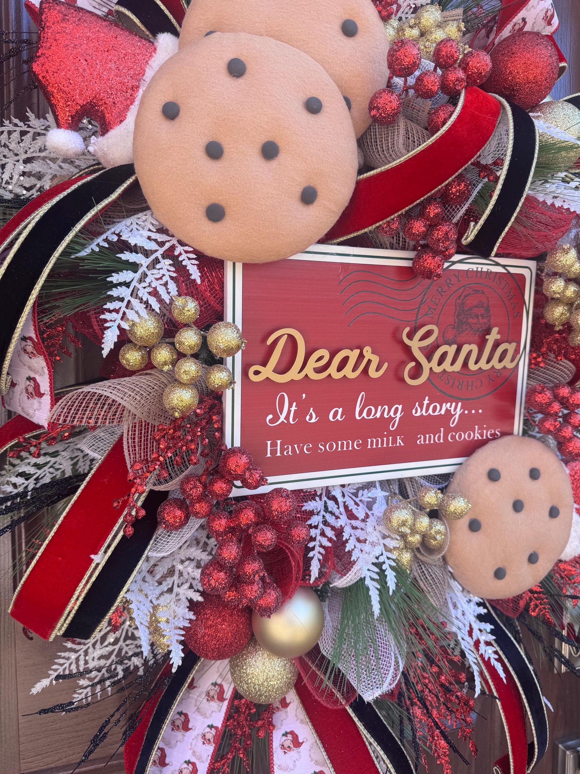 Dear Santa Christmas Wreath | Milk and Cookies Holiday Door Decor | Santa Themed Wreath | Red and Gold Christmas Front Door Decoration