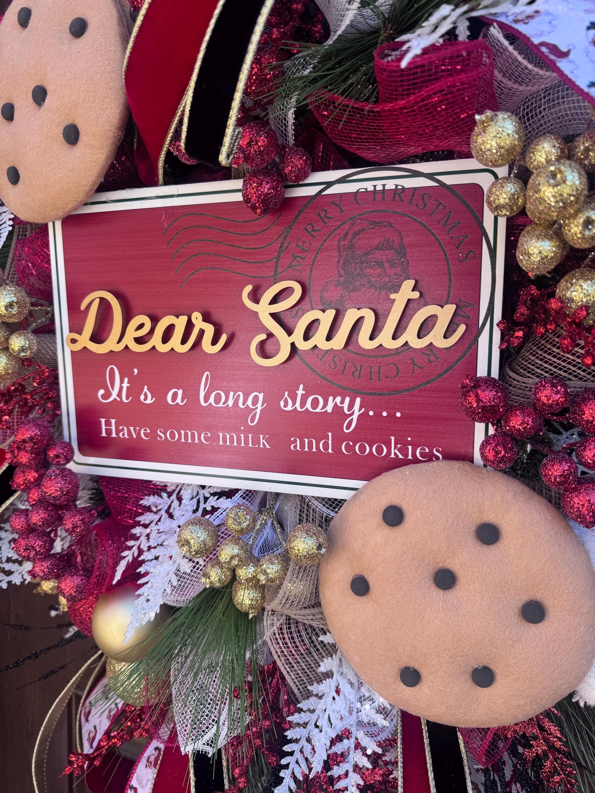 Dear Santa Christmas Wreath | Milk and Cookies Holiday Door Decor | Santa Themed Wreath | Red and Gold Christmas Front Door Decoration