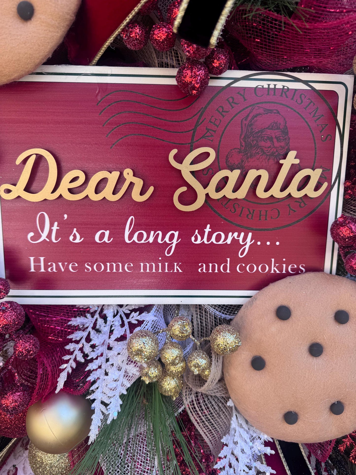 Dear Santa Christmas Wreath | Milk and Cookies Holiday Door Decor | Santa Themed Wreath | Red and Gold Christmas Front Door Decoration