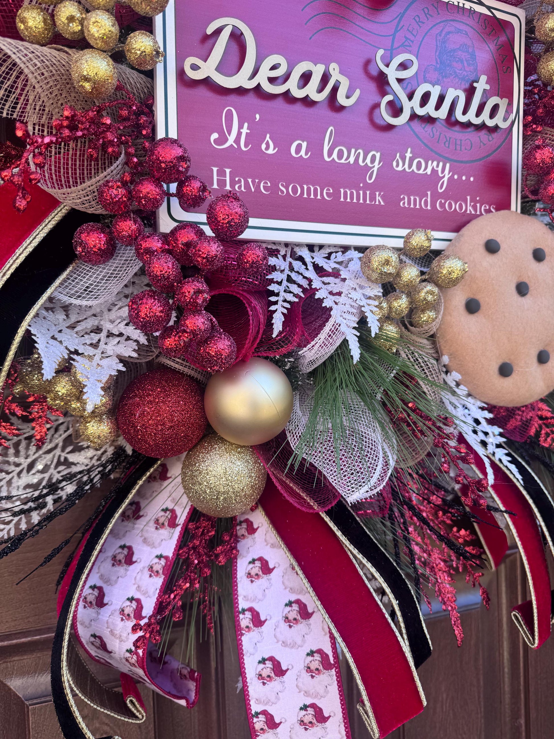 Dear Santa Christmas Wreath | Milk and Cookies Holiday Door Decor | Santa Themed Wreath | Red and Gold Christmas Front Door Decoration