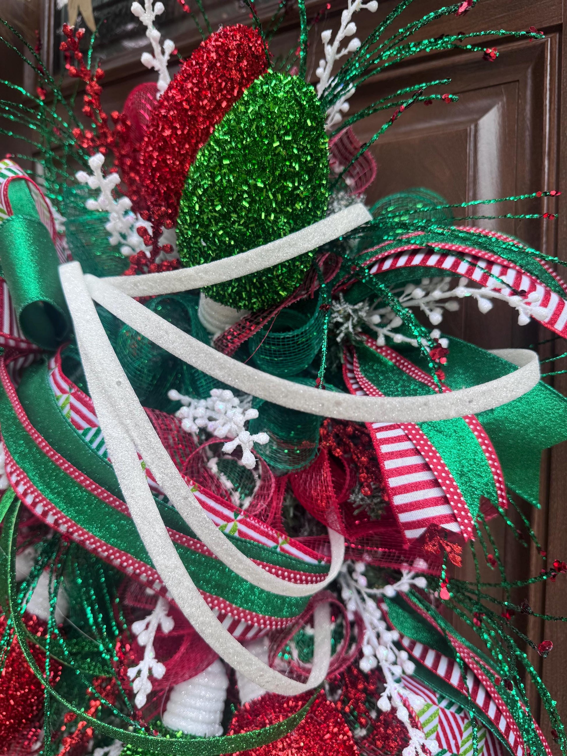 Whimsical Christmas Wreath with Glittered Lights and Ribbons – Red and Green Holiday Door Decor