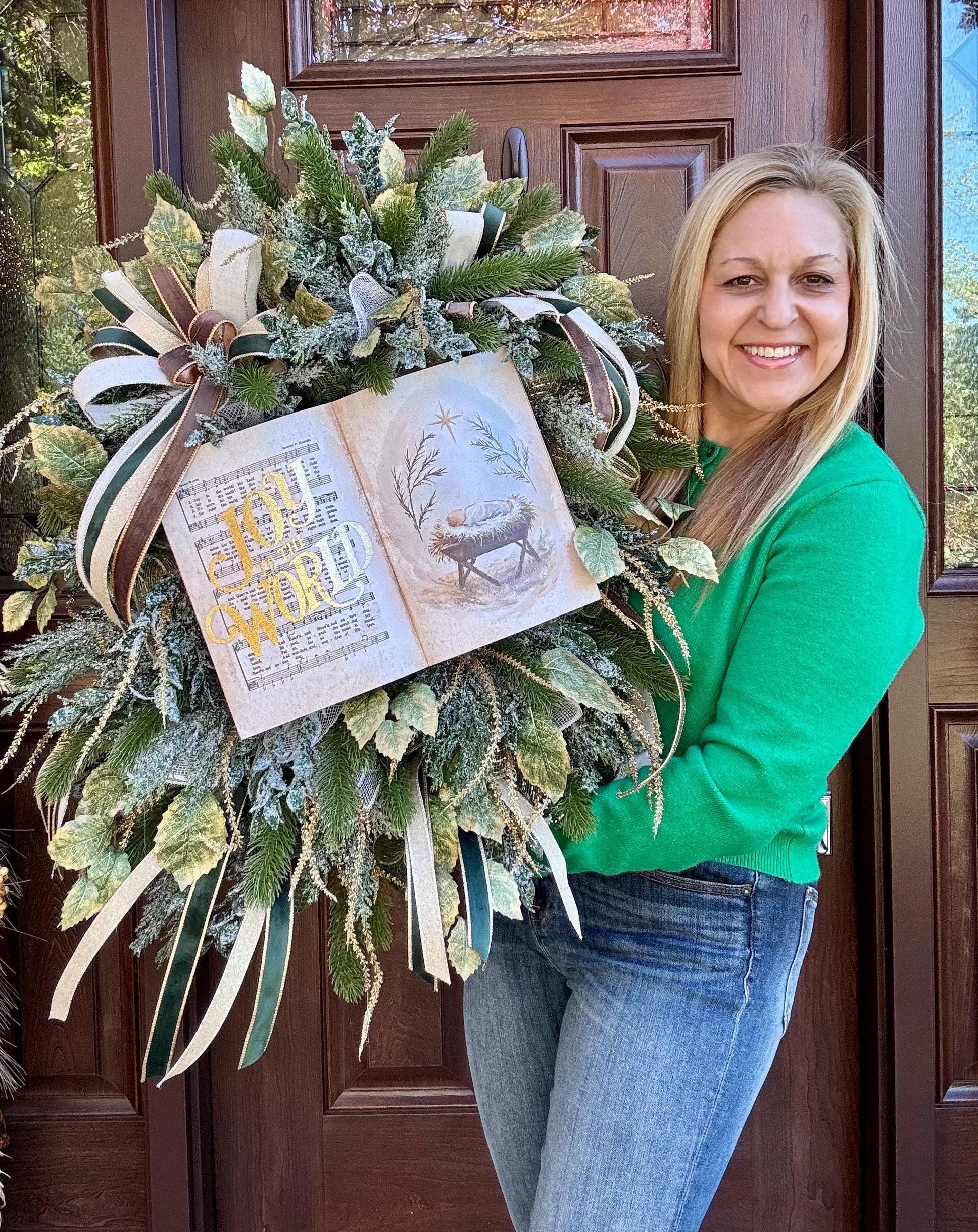 Joy to the World Christmas Wreath | Elegant Nativity Wreath for Front Door | Religious Holiday Wreath with Bible Hymn & Gold Accents