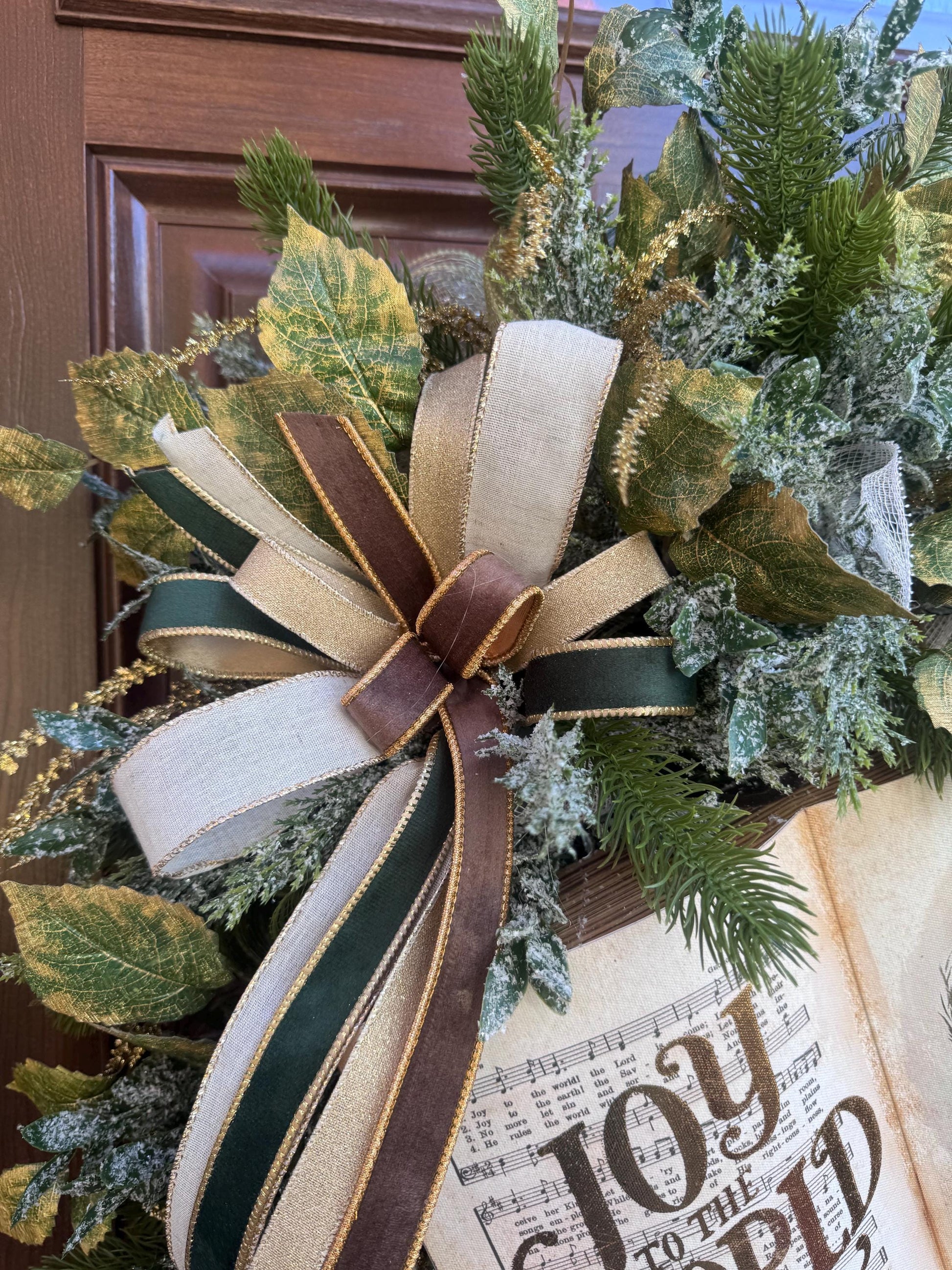 Joy to the World Christmas Wreath | Elegant Nativity Wreath for Front Door | Religious Holiday Wreath with Bible Hymn & Gold Accents