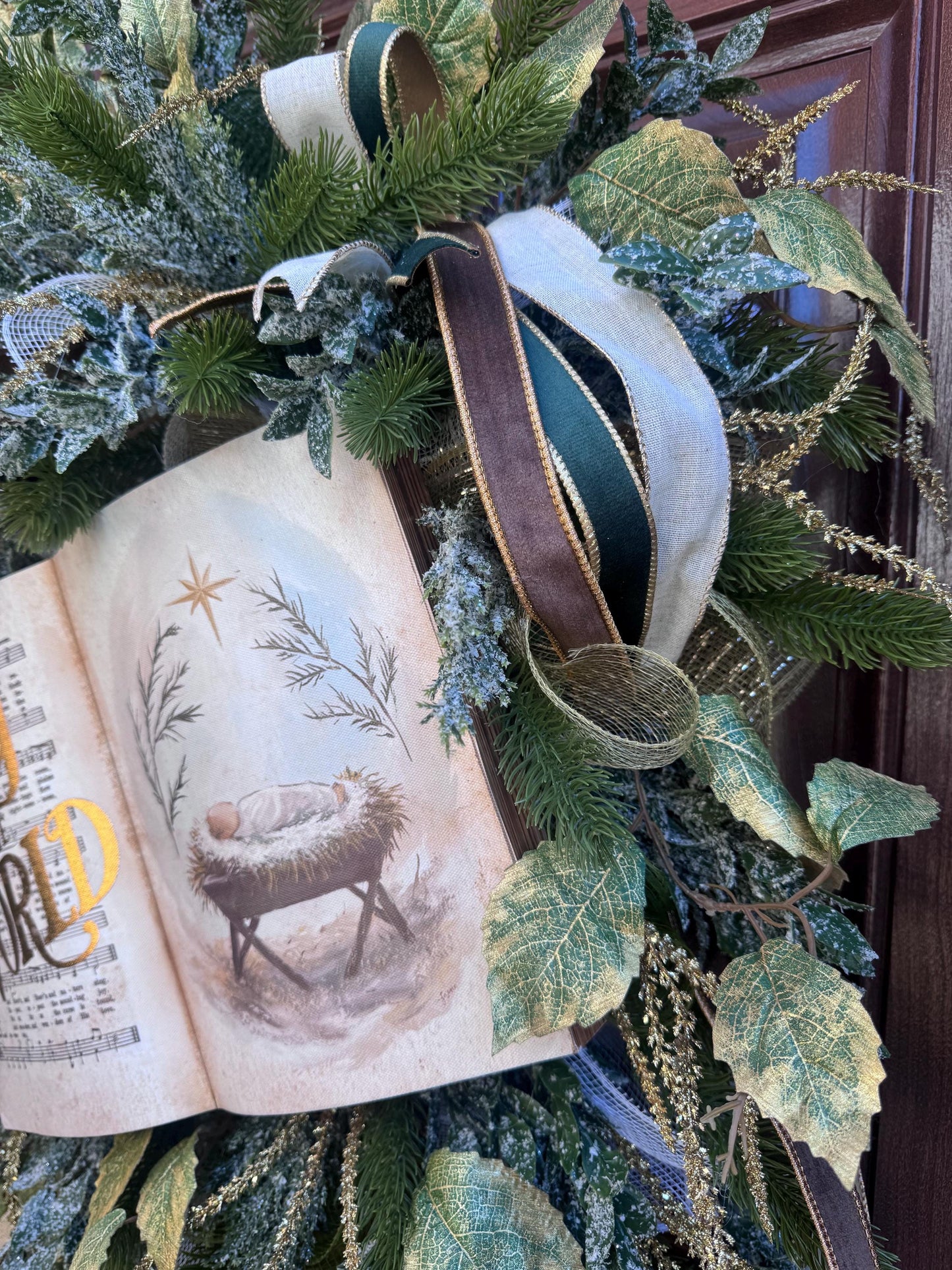 Joy to the World Christmas Wreath | Elegant Nativity Wreath for Front Door | Religious Holiday Wreath with Bible Hymn & Gold Accents