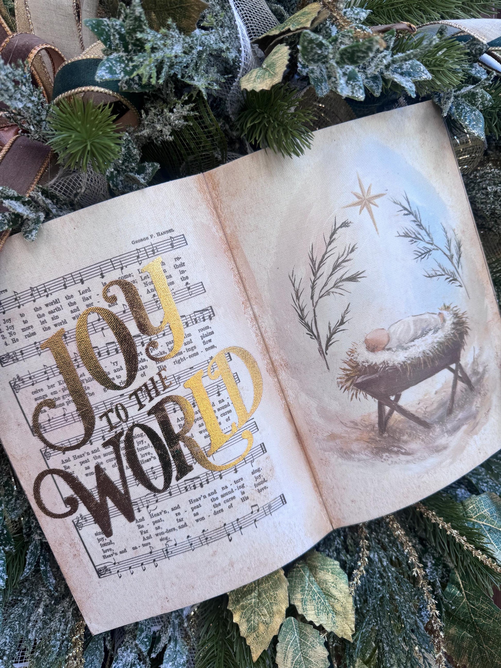 Joy to the World Christmas Wreath | Elegant Nativity Wreath for Front Door | Religious Holiday Wreath with Bible Hymn & Gold Accents
