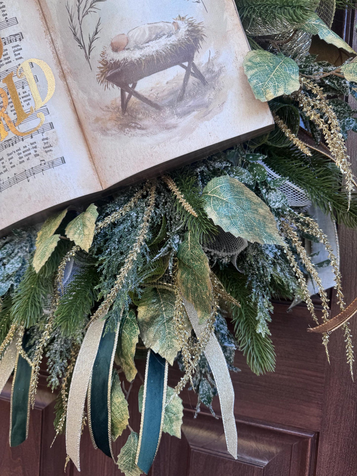 Joy to the World Christmas Wreath | Elegant Nativity Wreath for Front Door | Religious Holiday Wreath with Bible Hymn & Gold Accents