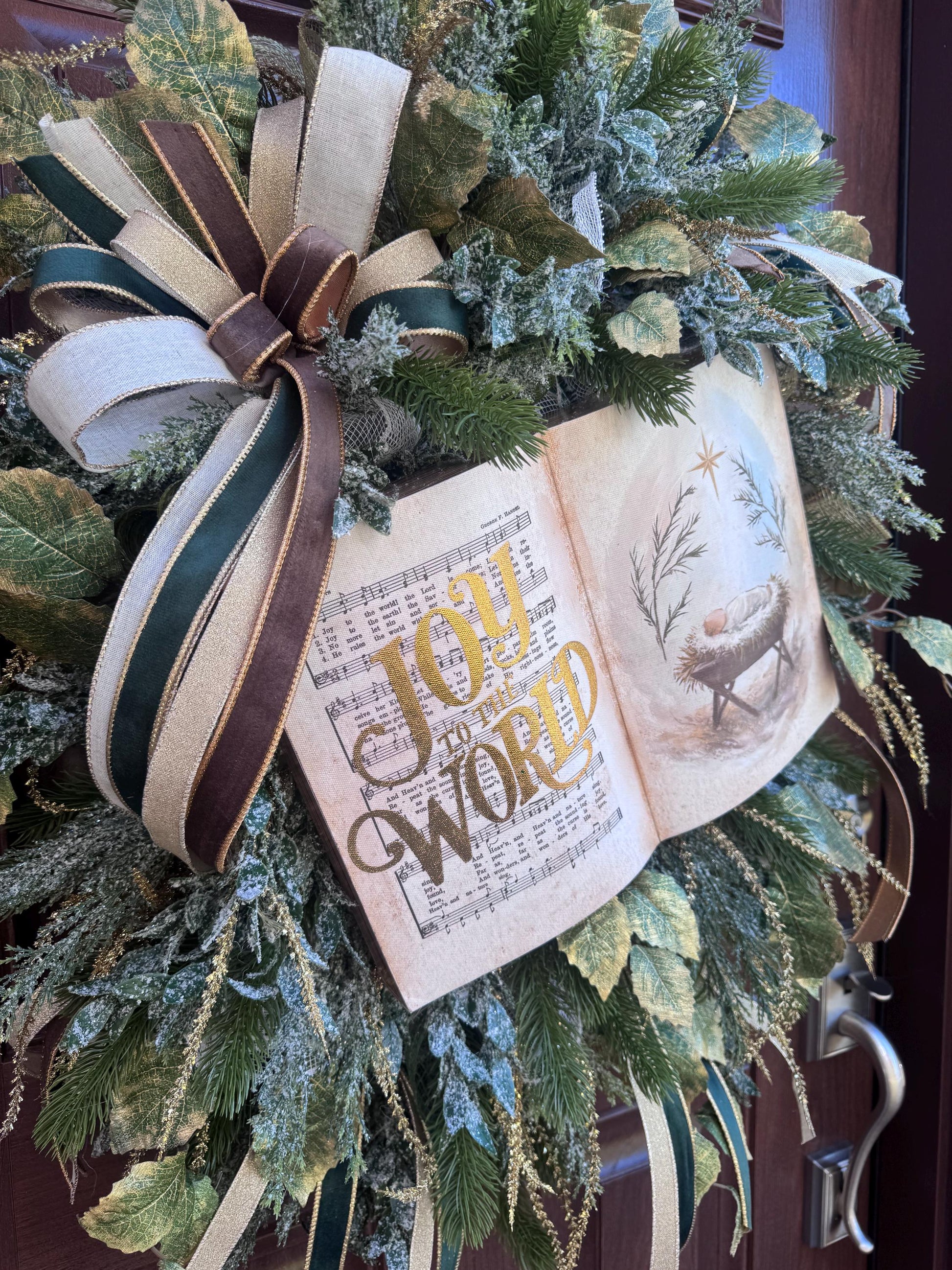 Joy to the World Christmas Wreath | Elegant Nativity Wreath for Front Door | Religious Holiday Wreath with Bible Hymn & Gold Accents