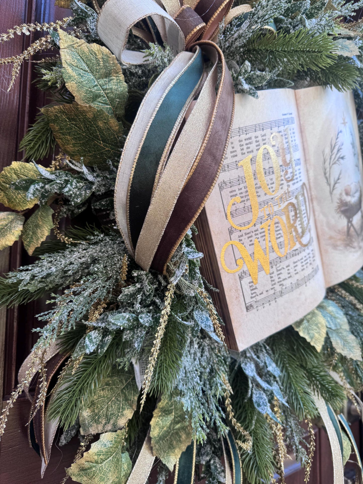 Joy to the World Christmas Wreath | Elegant Nativity Wreath for Front Door | Religious Holiday Wreath with Bible Hymn & Gold Accents