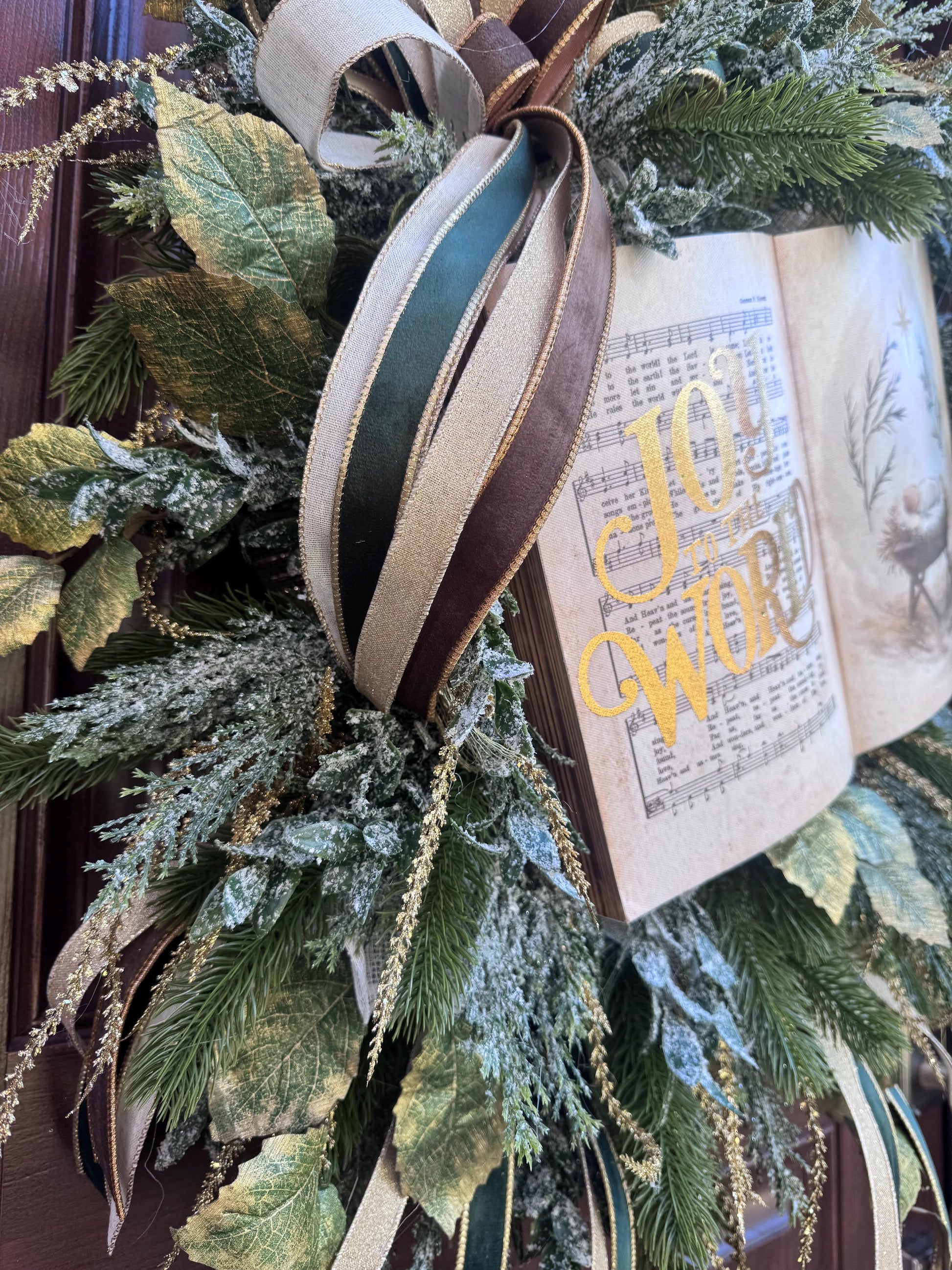 Joy to the World Christmas Wreath | Elegant Nativity Wreath for Front Door | Religious Holiday Wreath with Bible Hymn & Gold Accents