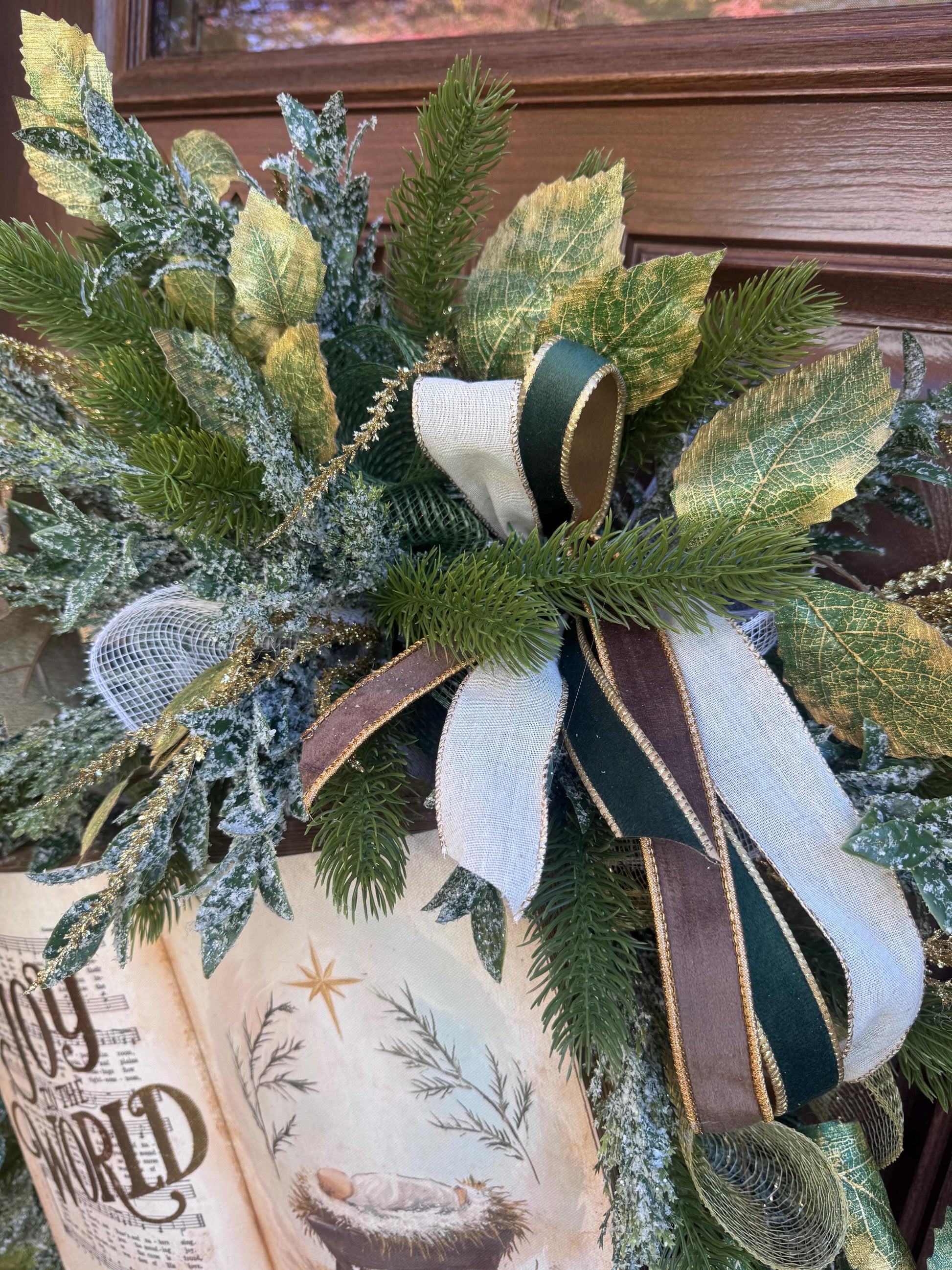 Joy to the World Christmas Wreath | Elegant Nativity Wreath for Front Door | Religious Holiday Wreath with Bible Hymn & Gold Accents