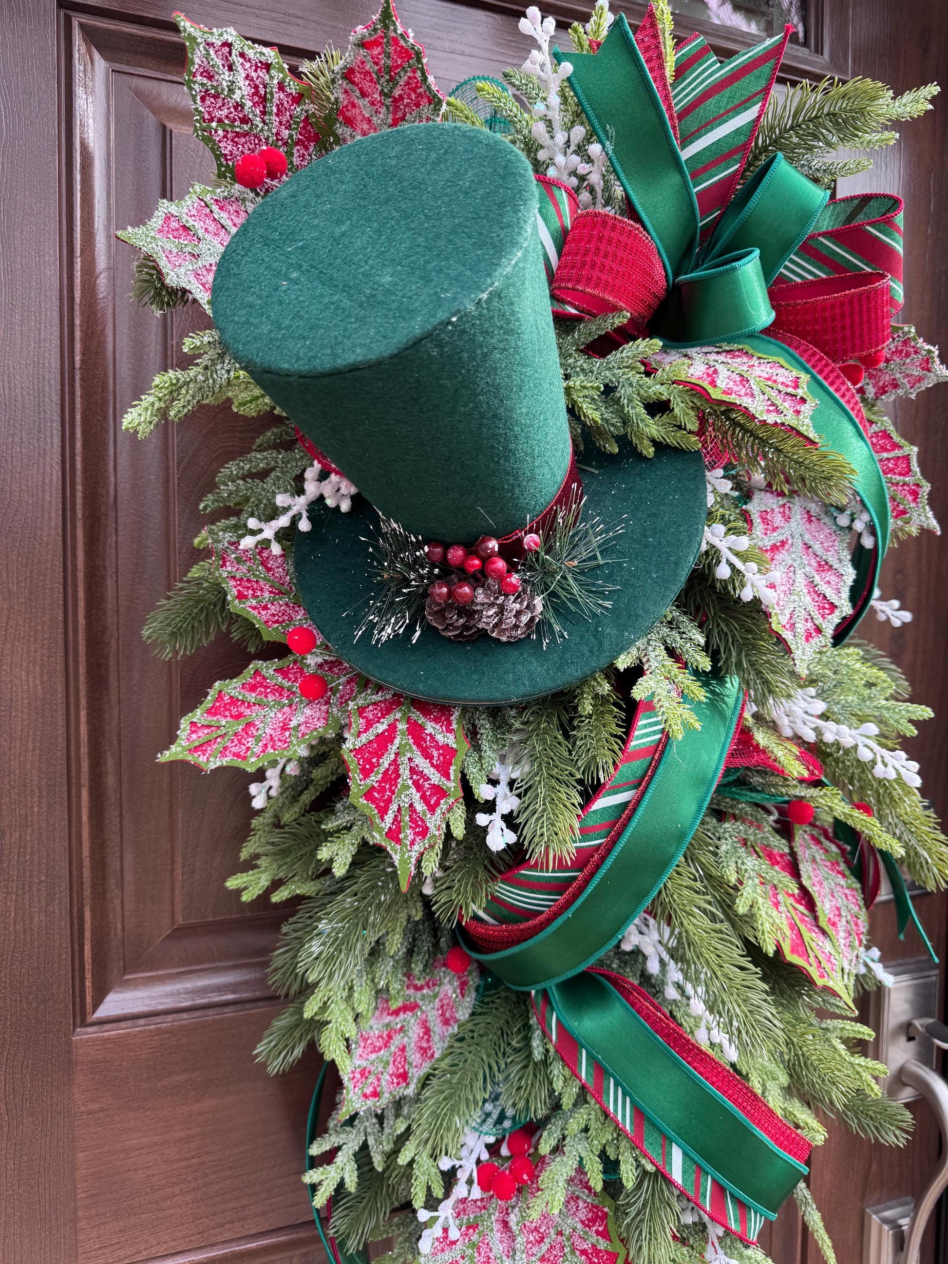 Traditional Christmas Teardrop Swag Wreath, Top Hat Holiday Home Decor, Outdoor Porch or Indoor Office Wall Hanger Glam Piece