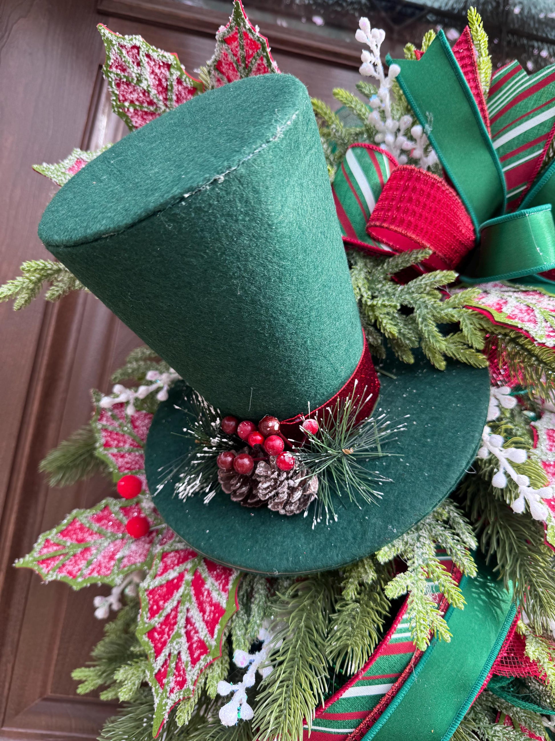 Traditional Christmas Teardrop Swag Wreath, Top Hat Holiday Home Decor, Outdoor Porch or Indoor Office Wall Hanger Glam Piece