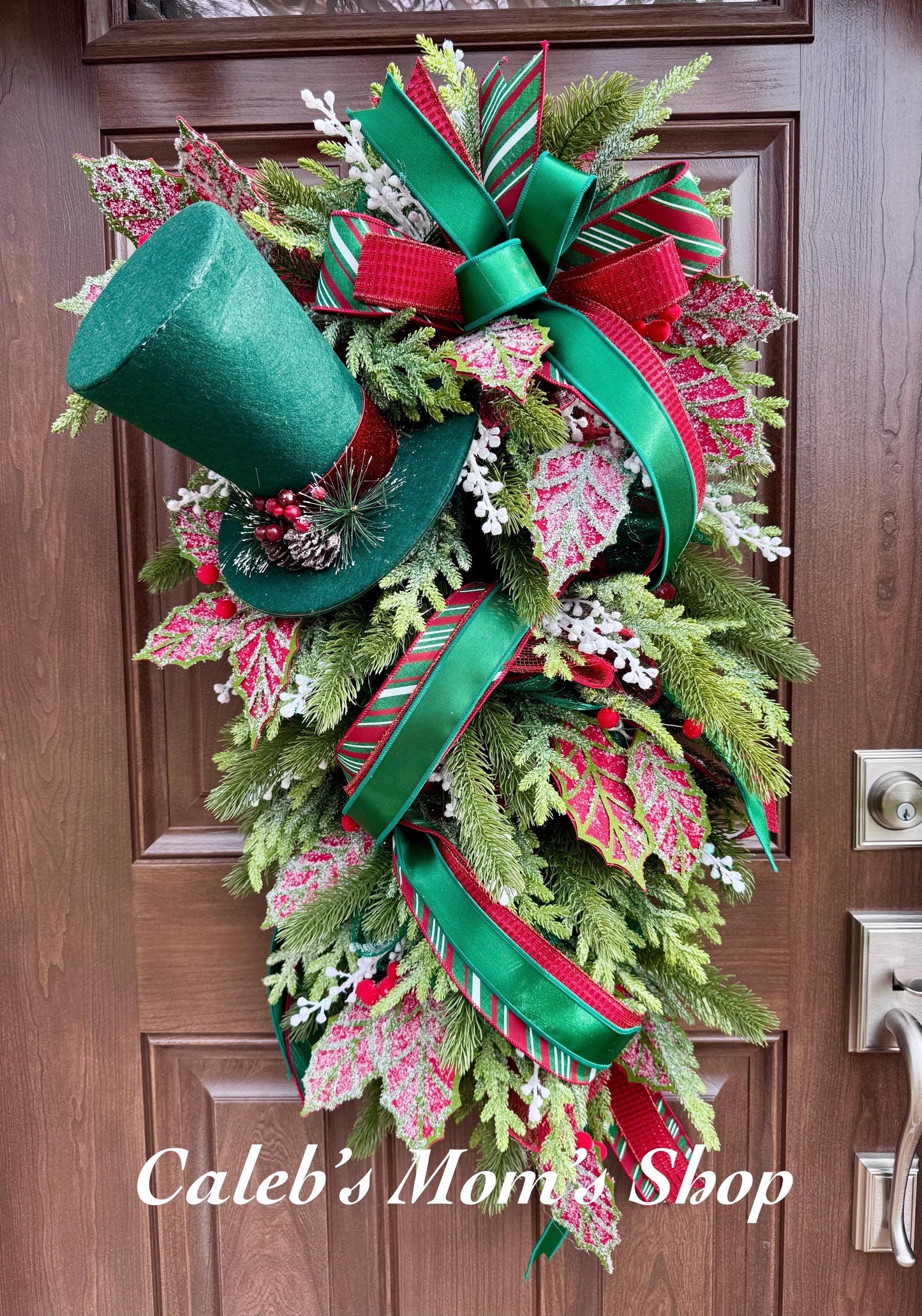 Traditional Christmas Teardrop Swag Wreath, Top Hat Holiday Home Decor, Outdoor Porch or Indoor Office Wall Hanger Glam Piece