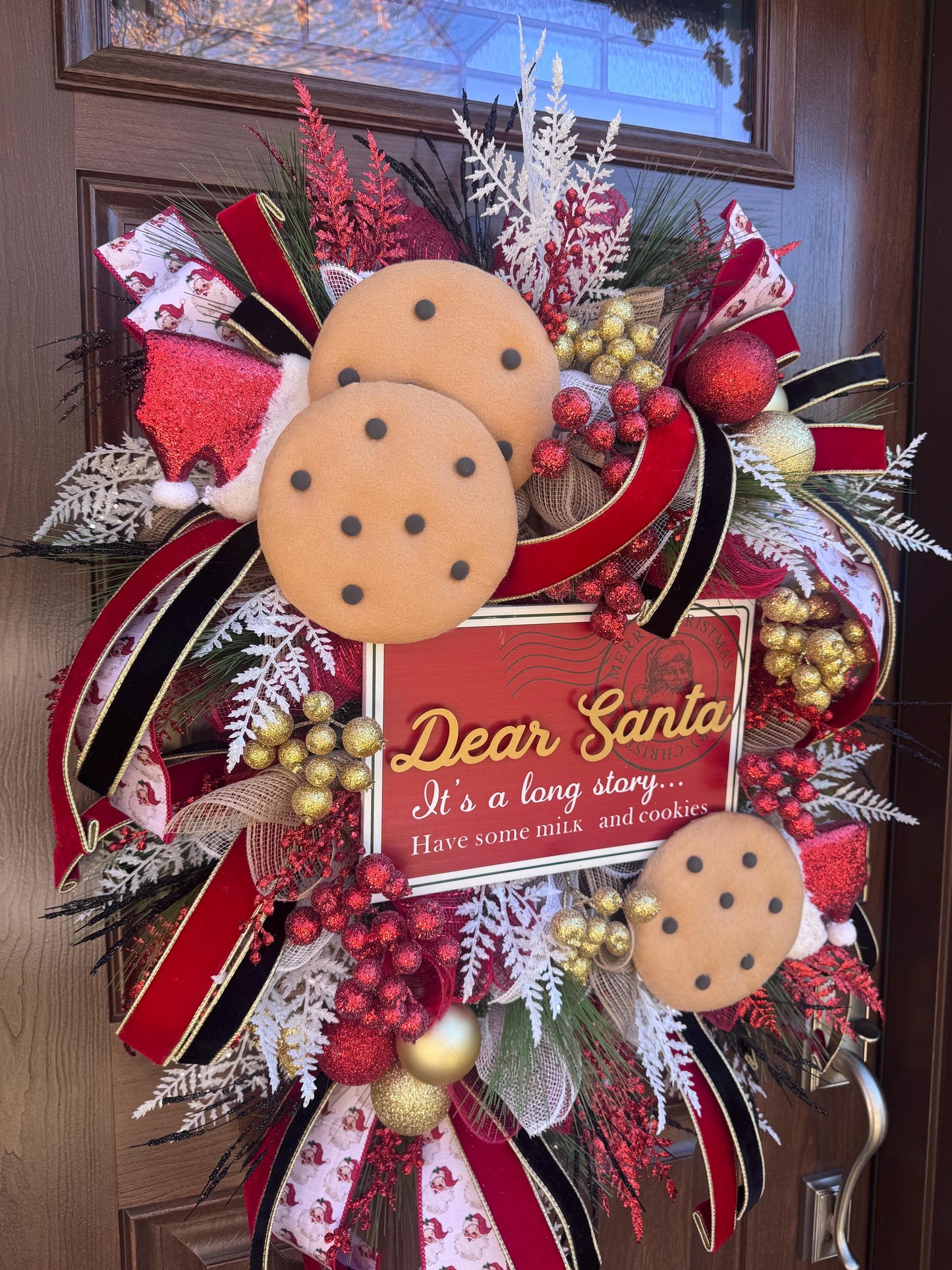 Dear Santa Christmas Wreath | Milk and Cookies Holiday Door Decor | Santa Themed Wreath | Red and Gold Christmas Front Door Decoration