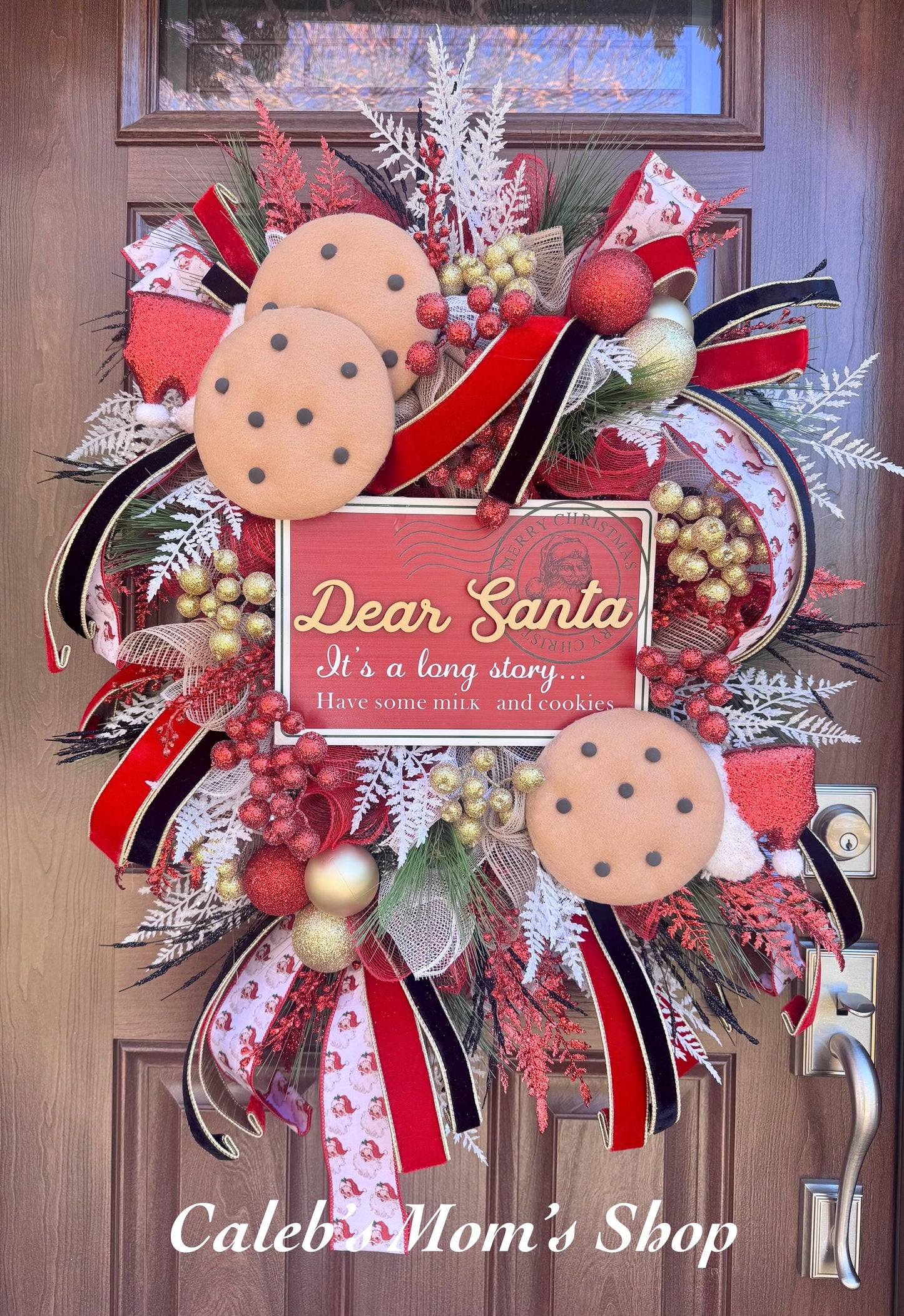 Dear Santa Christmas Wreath | Milk and Cookies Holiday Door Decor | Santa Themed Wreath | Red and Gold Christmas Front Door Decoration