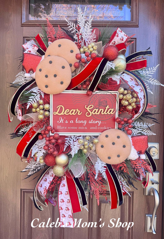 Dear Santa Christmas Wreath | Milk and Cookies Holiday Door Decor | Santa Themed Wreath | Red and Gold Christmas Front Door Decoration