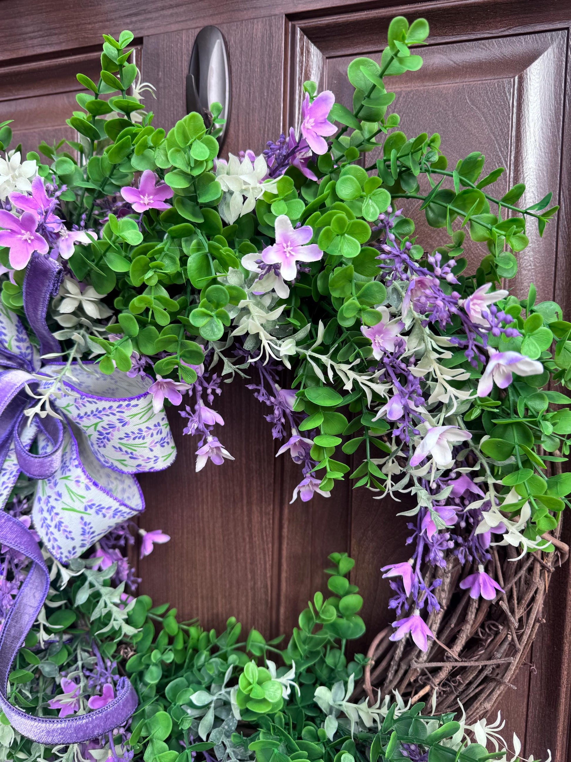 Lilac Floral Grapevine Wreath, Spring Summer Home Decor for Outdoor Porch or Indoor Office Wall Hanging, Gift for Her Mothers Day Gift
