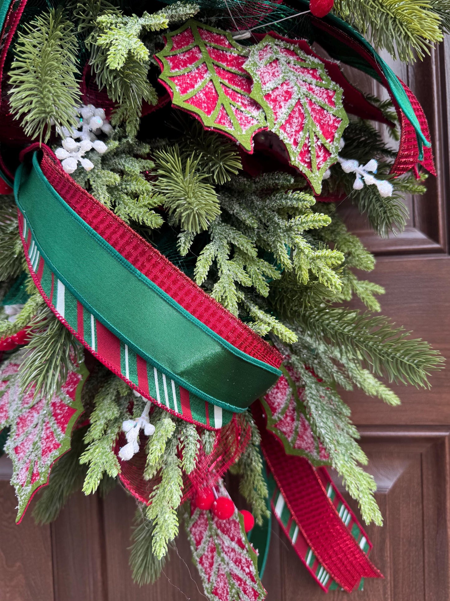 Traditional Christmas Teardrop Swag Wreath, Top Hat Holiday Home Decor, Outdoor Porch or Indoor Office Wall Hanger Glam Piece