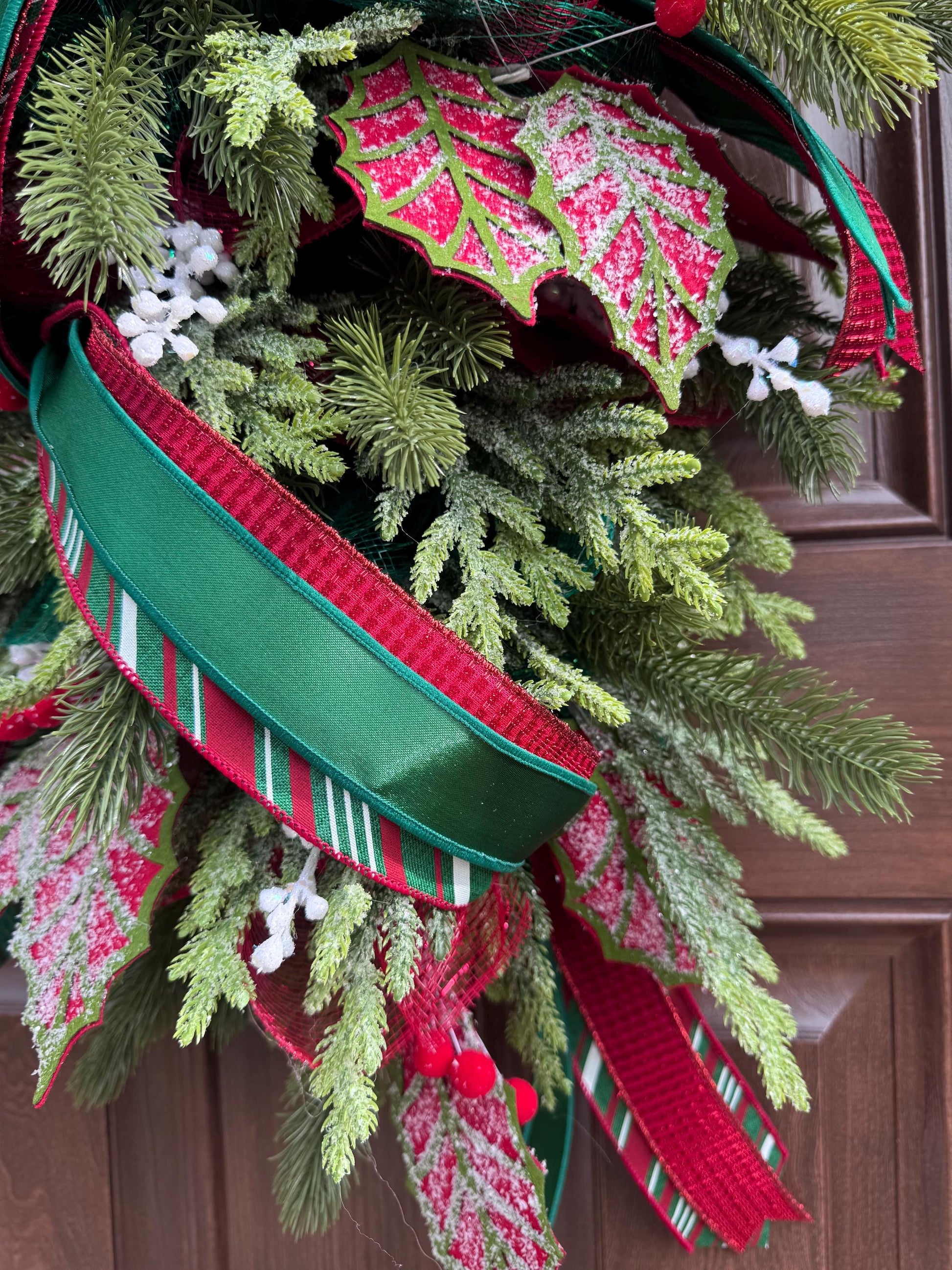 Traditional Christmas Teardrop Swag Wreath, Top Hat Holiday Home Decor, Outdoor Porch or Indoor Office Wall Hanger Glam Piece