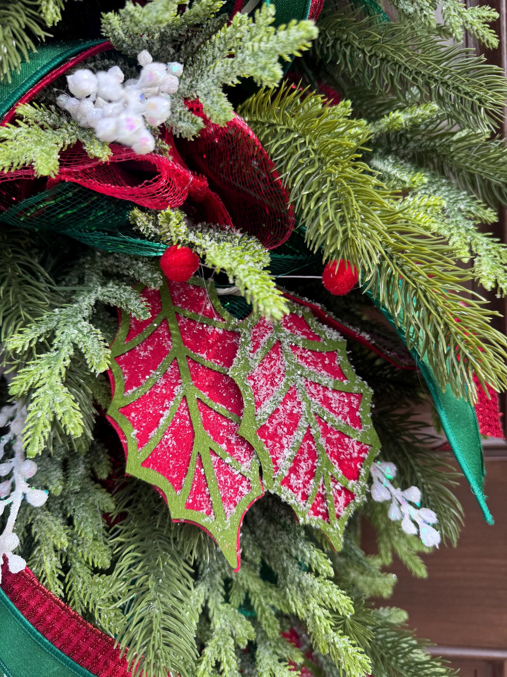 Traditional Christmas Teardrop Swag Wreath, Top Hat Holiday Home Decor, Outdoor Porch or Indoor Office Wall Hanger Glam Piece