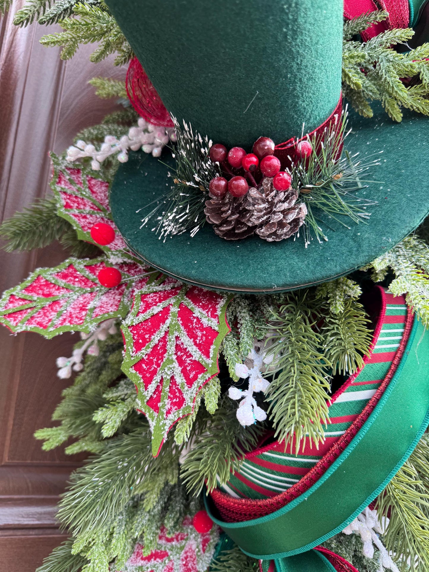 Traditional Christmas Teardrop Swag Wreath, Top Hat Holiday Home Decor, Outdoor Porch or Indoor Office Wall Hanger Glam Piece