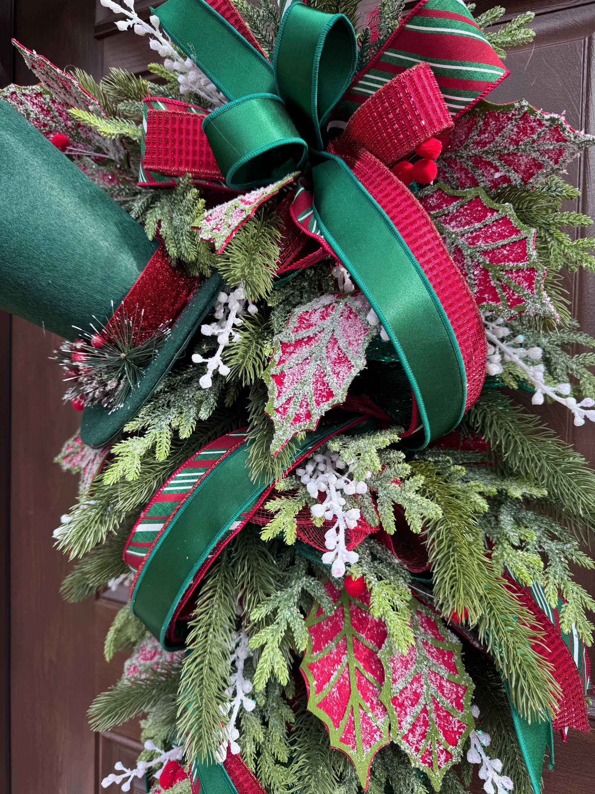 Traditional Christmas Teardrop Swag Wreath, Top Hat Holiday Home Decor, Outdoor Porch or Indoor Office Wall Hanger Glam Piece