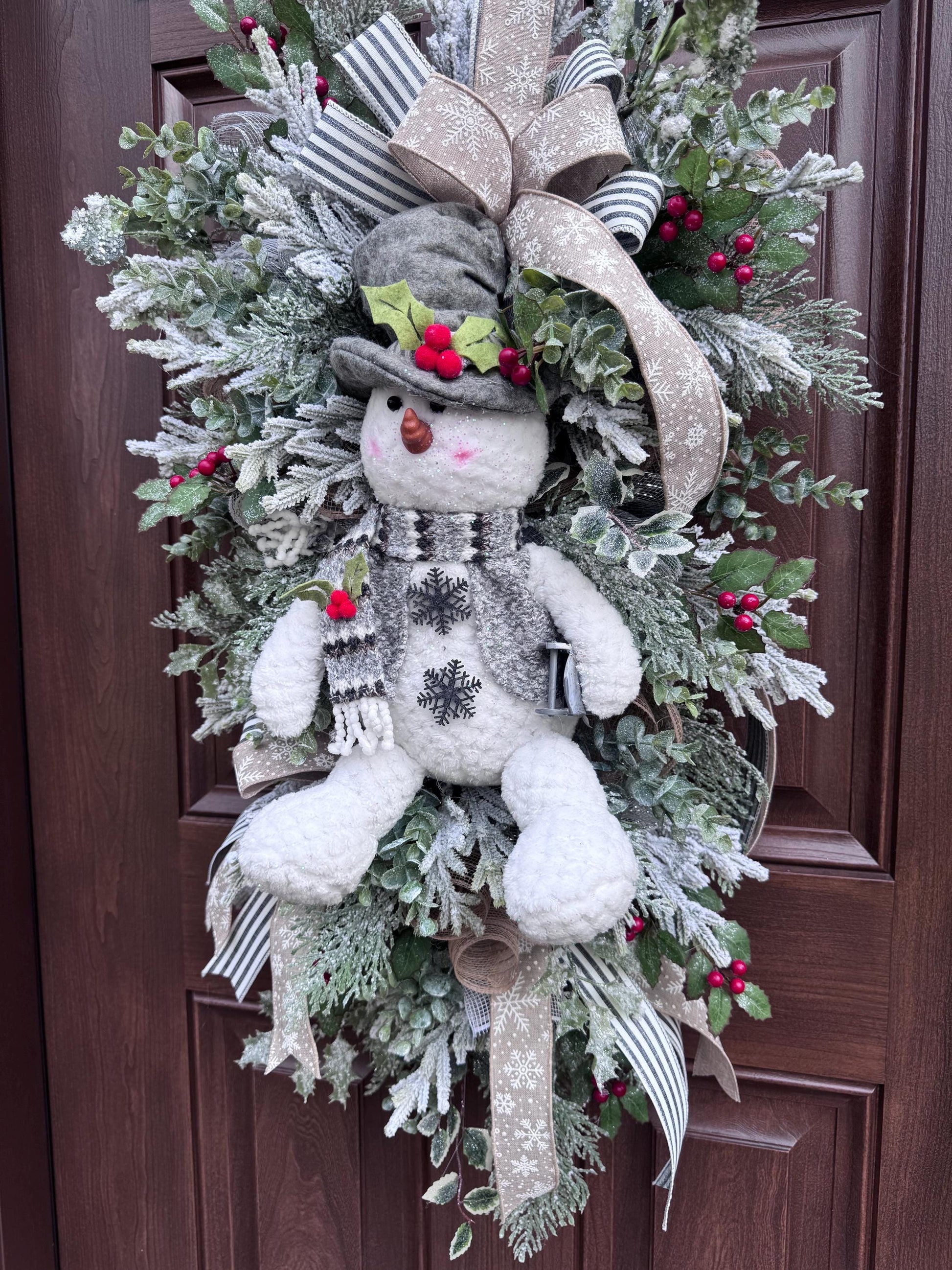 Winter Snowman Christmas Wreath • Rustic Flocked Pine Door Swag • Cozy Holiday Front Door Decor • Handmade Christmas Wreath