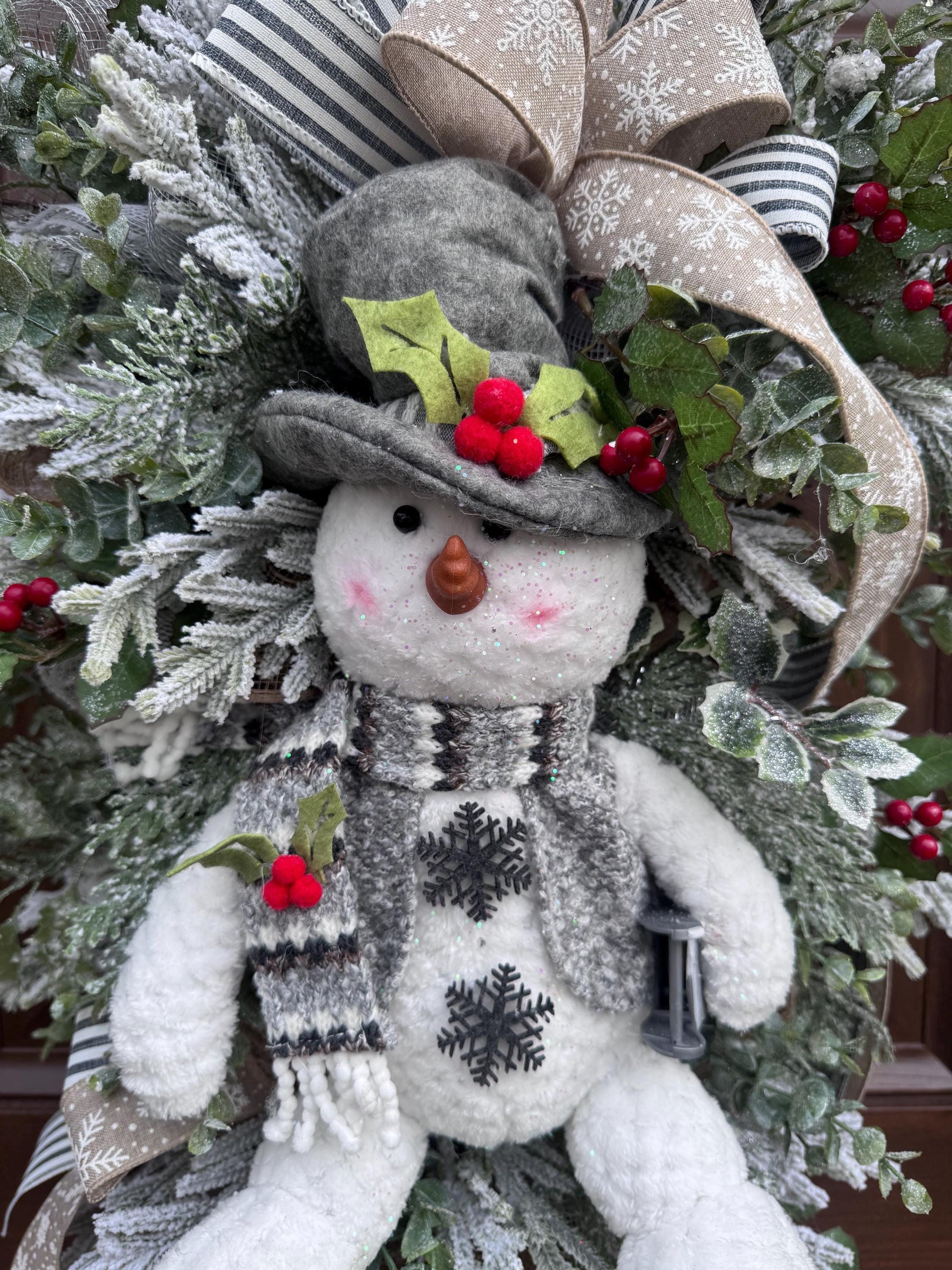 Winter Snowman Christmas Wreath • Rustic Flocked Pine Door Swag • Cozy Holiday Front Door Decor • Handmade Christmas Wreath