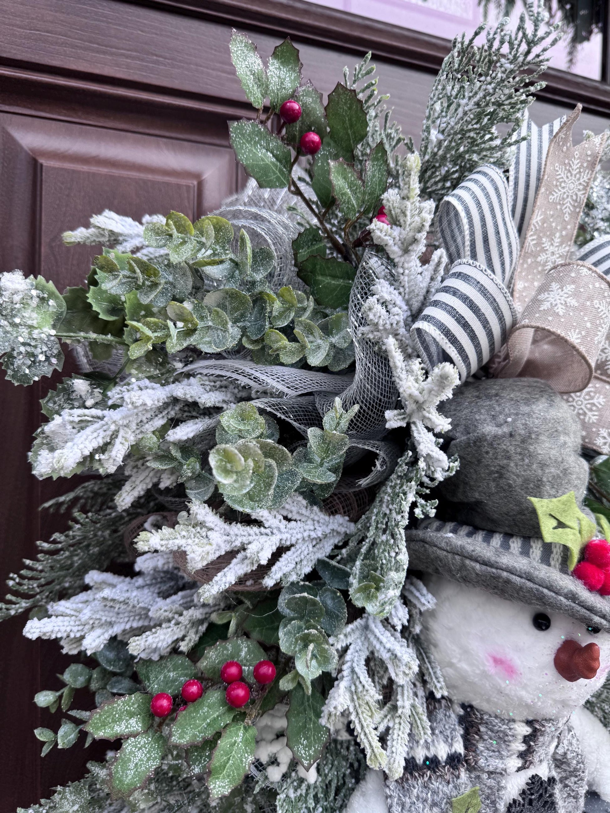 Winter Snowman Christmas Wreath • Rustic Flocked Pine Door Swag • Cozy Holiday Front Door Decor • Handmade Christmas Wreath