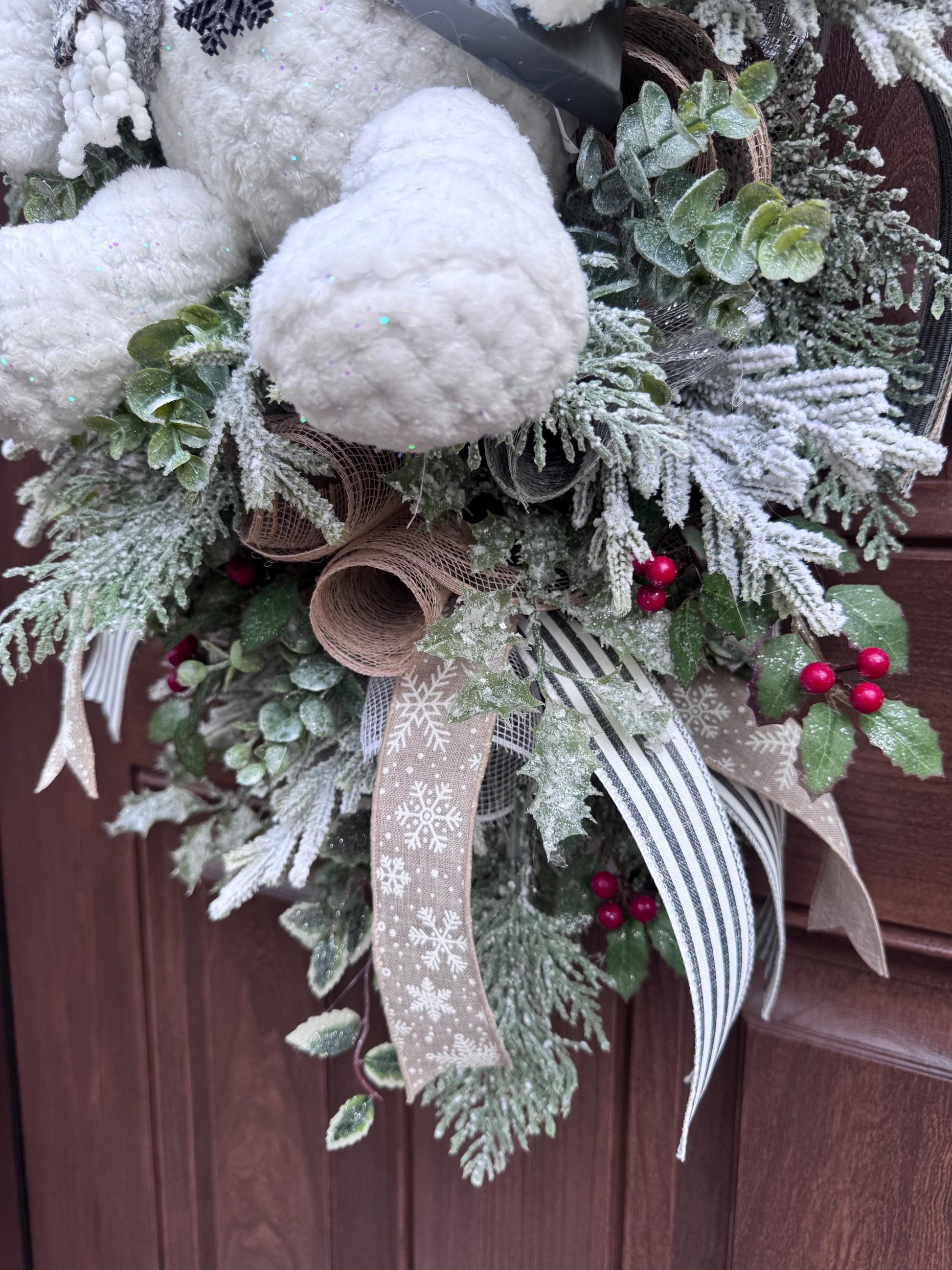 Winter Snowman Christmas Wreath • Rustic Flocked Pine Door Swag • Cozy Holiday Front Door Decor • Handmade Christmas Wreath