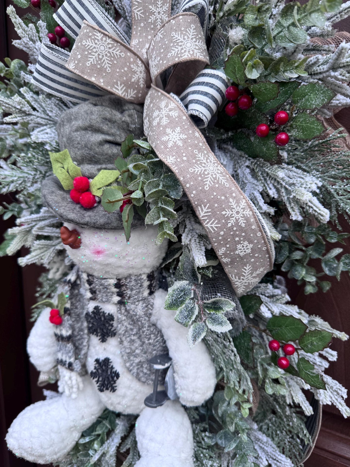 Winter Snowman Christmas Wreath • Rustic Flocked Pine Door Swag • Cozy Holiday Front Door Decor • Handmade Christmas Wreath